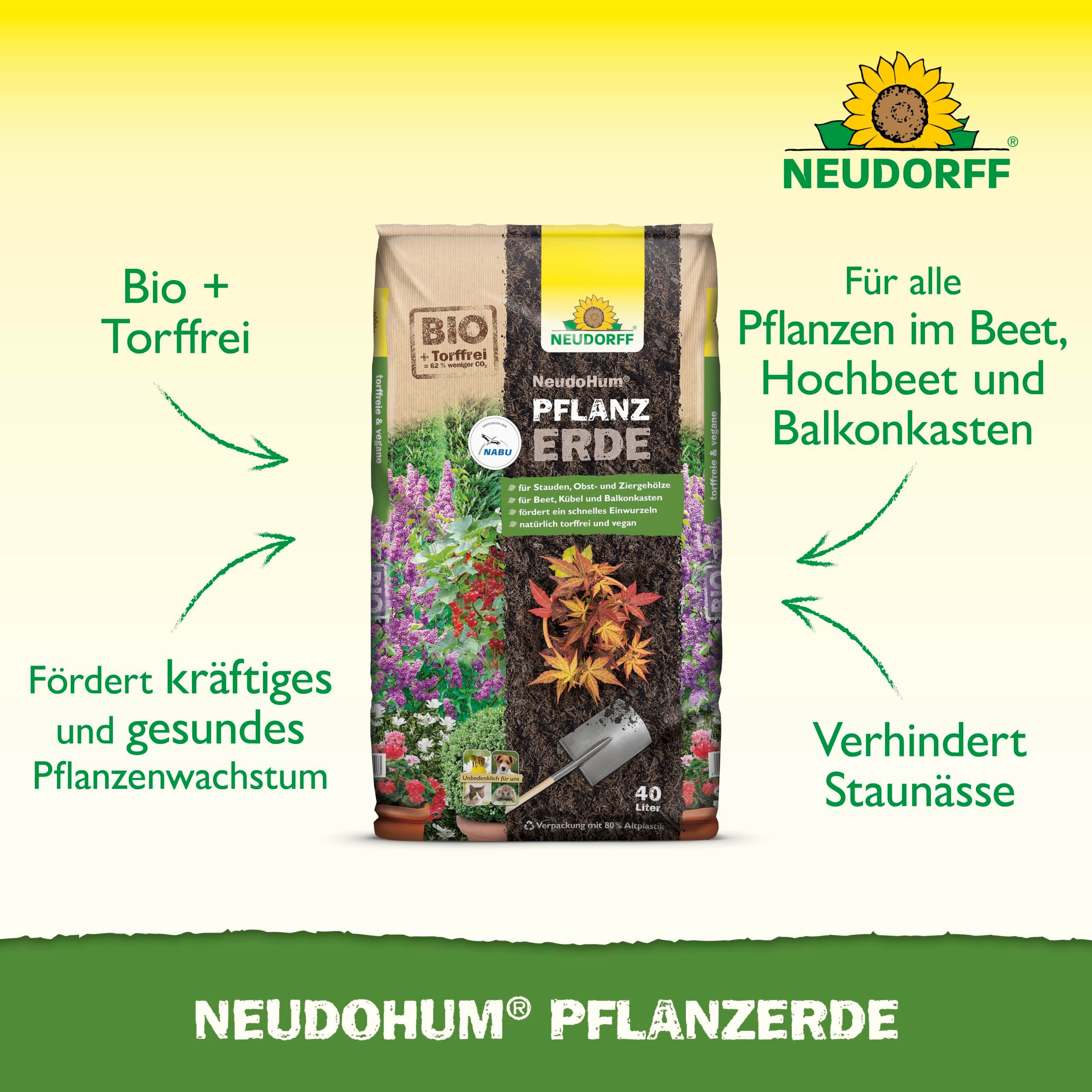 Neudorff Pflanzerde NeudoHum PflanzErde 40 Liter, mit Organischer Dünger, (Torffreie Gartenerde für Stauden, Ziergehölze und aromatisches Obst, Gemüse und Kräuter, für Beet, Hochbeet, Kübel und Balkonkasten), Torffreie Pflanzerde mit organischem Dünger