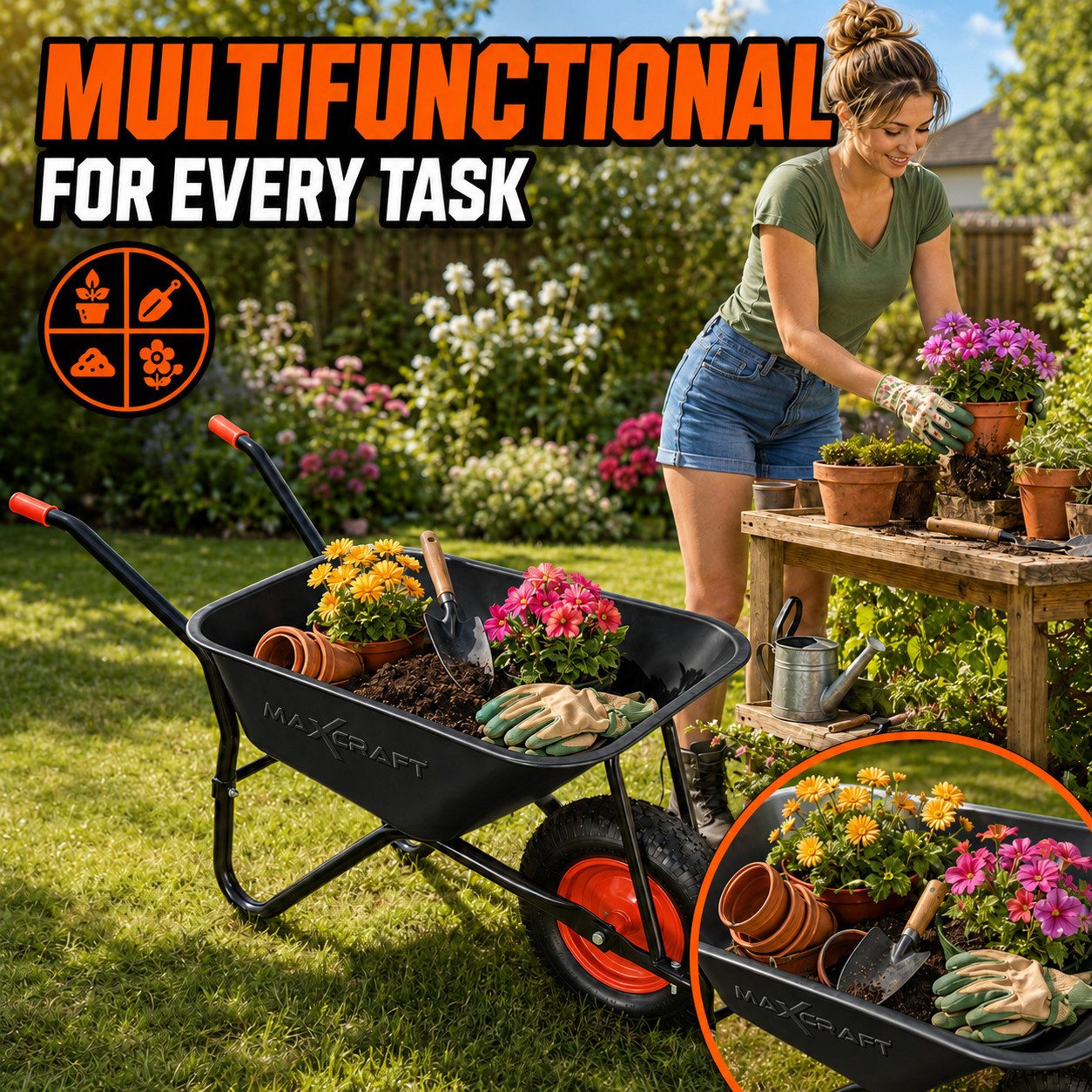 MAXCRAFT Schubkarre Bauschubkarre 250 kg 100 L Gartenkarre Luftbereifung Schwarz / Rot – Bild 4 von 5