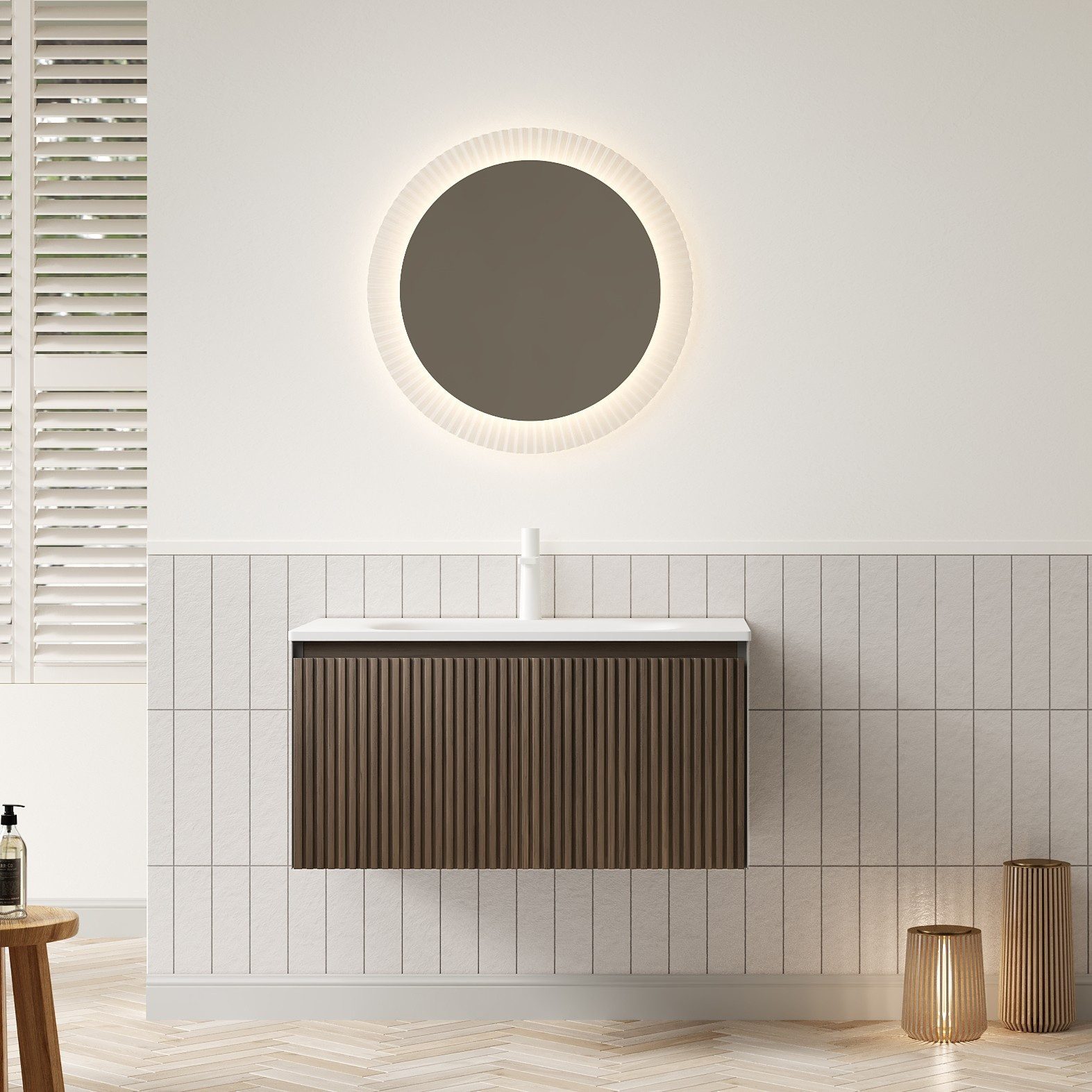 IDEASY Waschbecken 80cm Keramikwaschtisch mit Schublade Eiche
