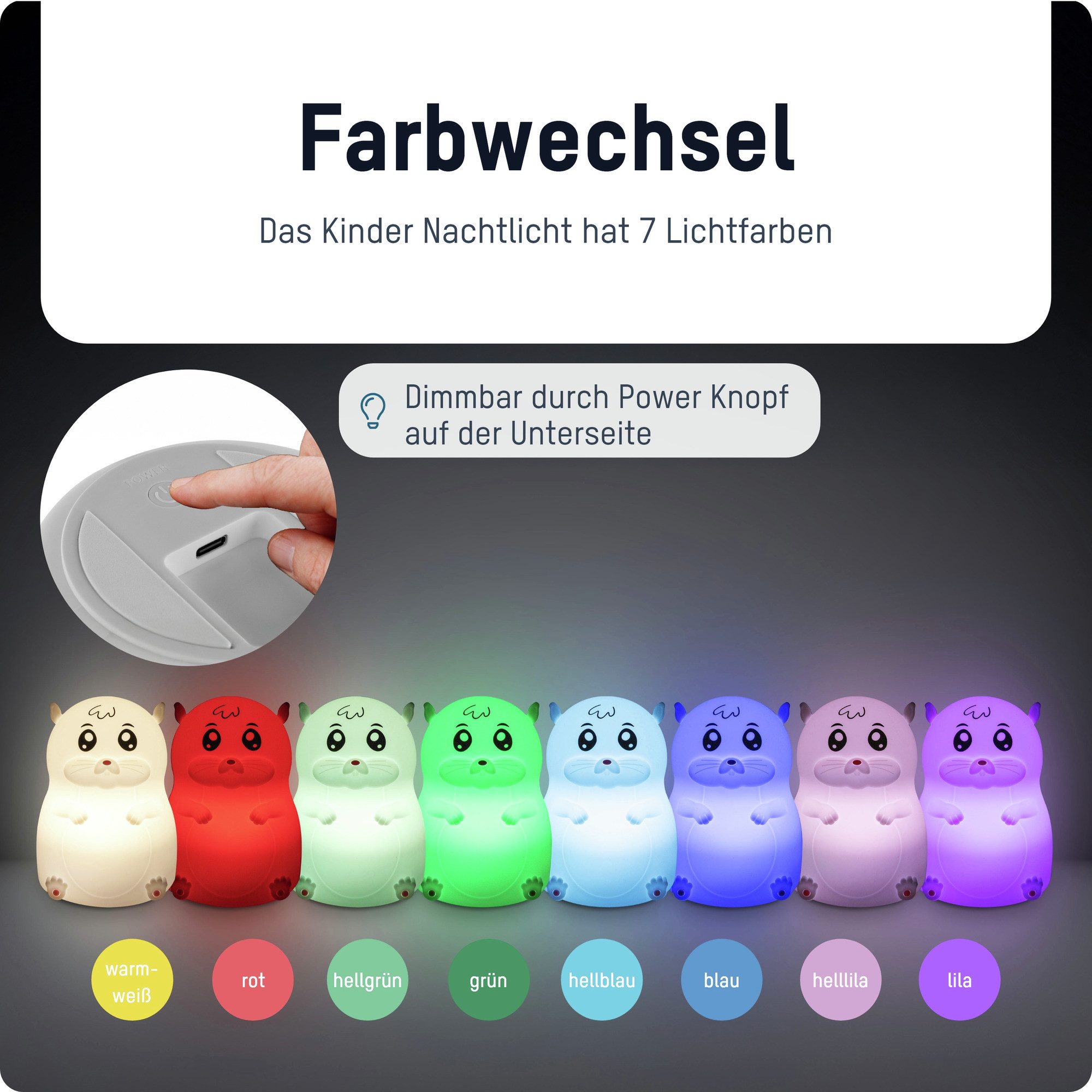 ANSMANN AG LED Nachtlicht Nachtlicht Kinder Silikon aufladbar dimmbar 7 Farben Hamster – Bild 3 von 5