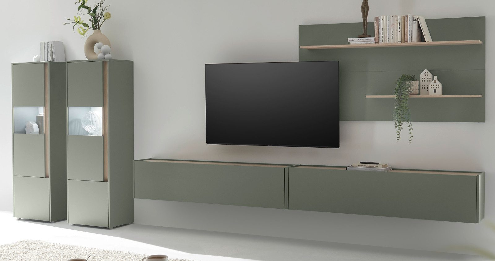 Furn.Design Wohnwand Center, (Komplett-Set, 5-teilig in Salbei mit Eiche, 430 x 190 cm), mit großem TV Lowboard und viel Stauraum