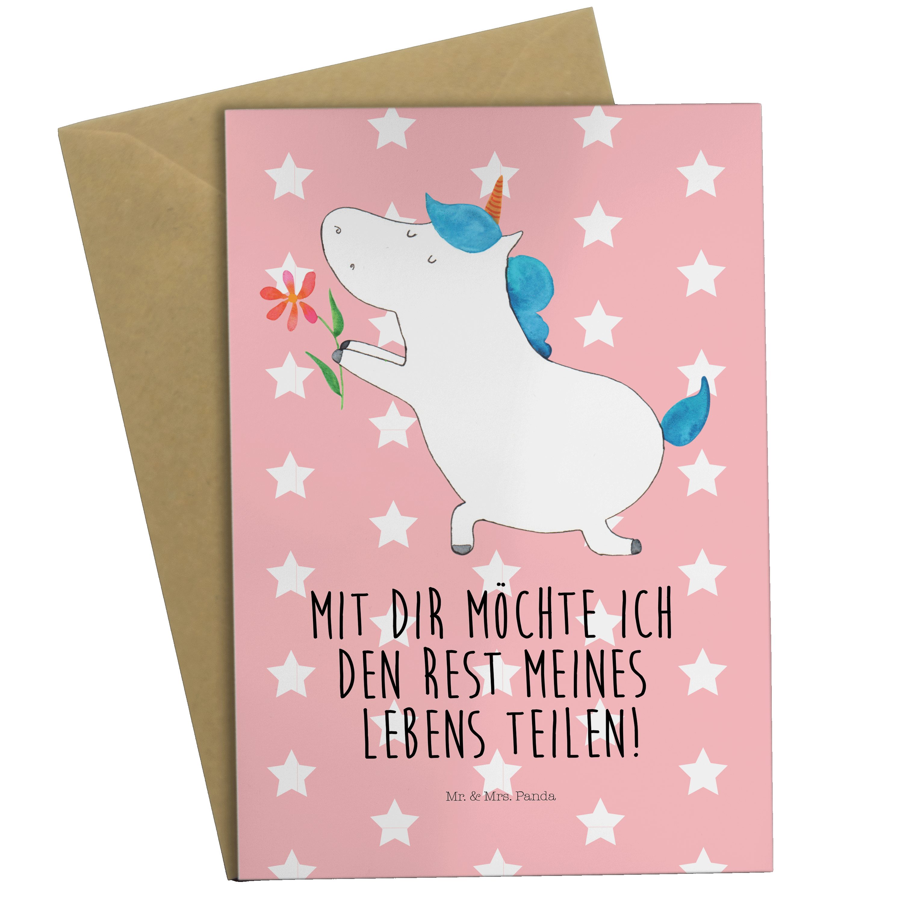 Mr. & Mrs. Panda Grußkarte Einhorn Blume - Rot Pastell - Geschenk, Klappkarte, Heiratsantrag, Ei