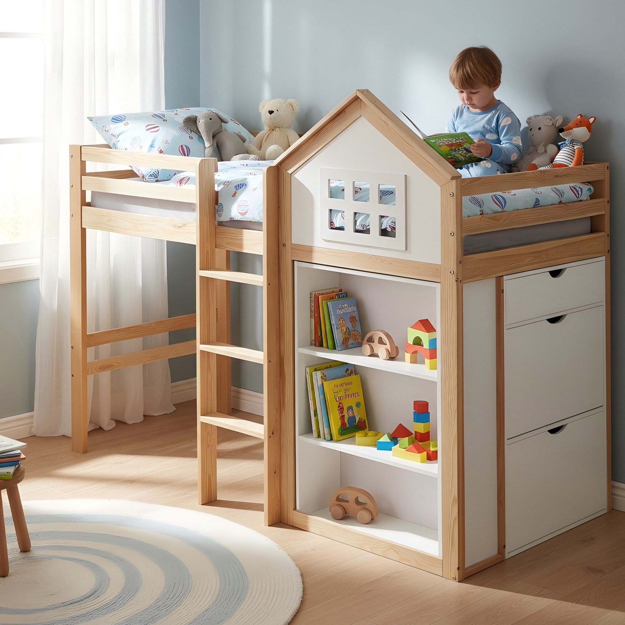 Odikalo Hochbett Kinderbett 90x200 mit Staufächern und Schubladen (Stabile Stufen, Sicherheitsgeländer, Kiefer + MDF + Sperrholz)