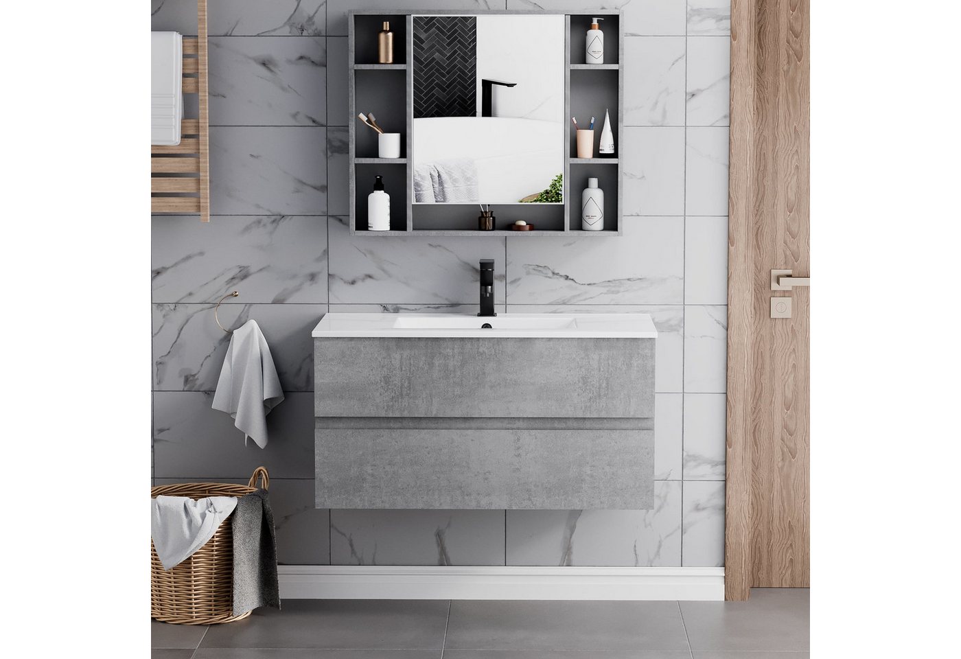 Thumbnail - UEV Waschtisch mit Unterschrank, Waschbeckenunterschrank 60cm/75cm/90cm hängend grau (Komplett-Set, Badezimmmer Schrank ...