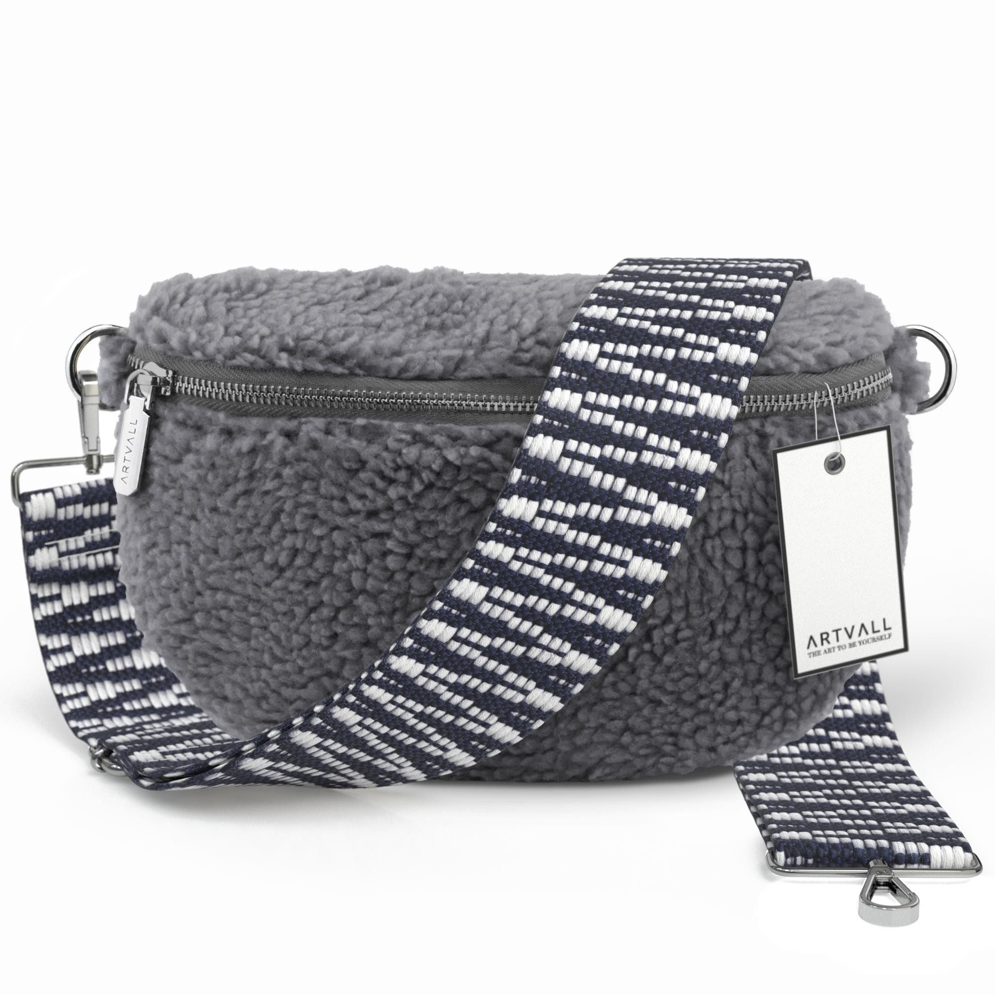 ARTVALL Umhängetasche Teddy Handtasche Damen Bag Brusttasche Stahlblau (Tasche inkl. Taschenband), Bauchtasche Teddytasche mit breitem Band Plüsch Tasche flauschig Klein