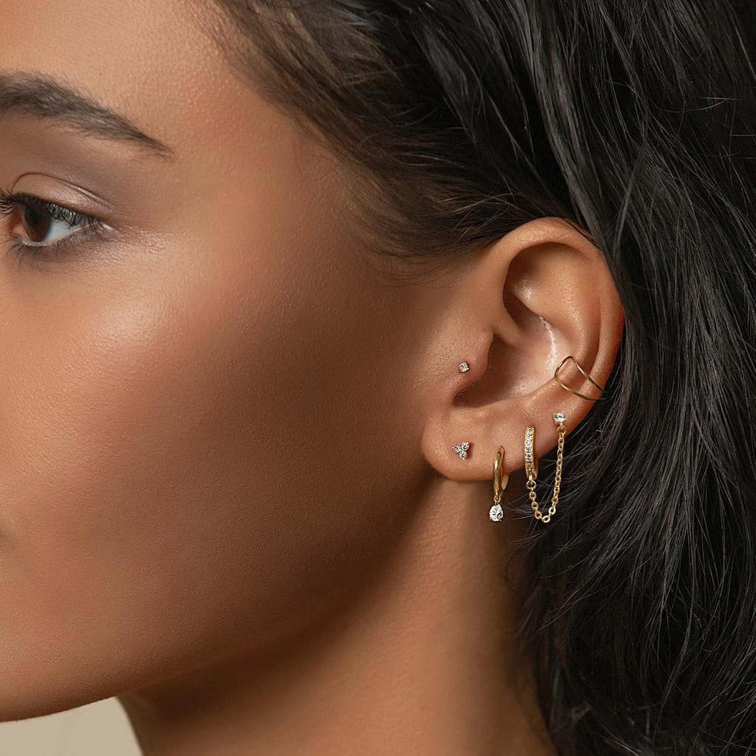 LuxusKollektion Ohrring-Set Ohrringe Silber 925 Zirkonia Doppel Piercing Ohrstecker Creolen Kette