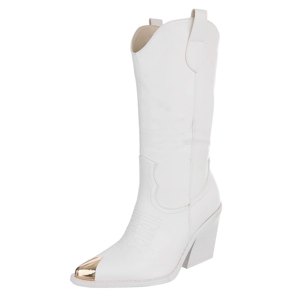 Ital-Design Moderne Absatzsandalen mit Plateau für Damen Westernstiefel (91409406) Blockabsatz Stiefel in Weiß