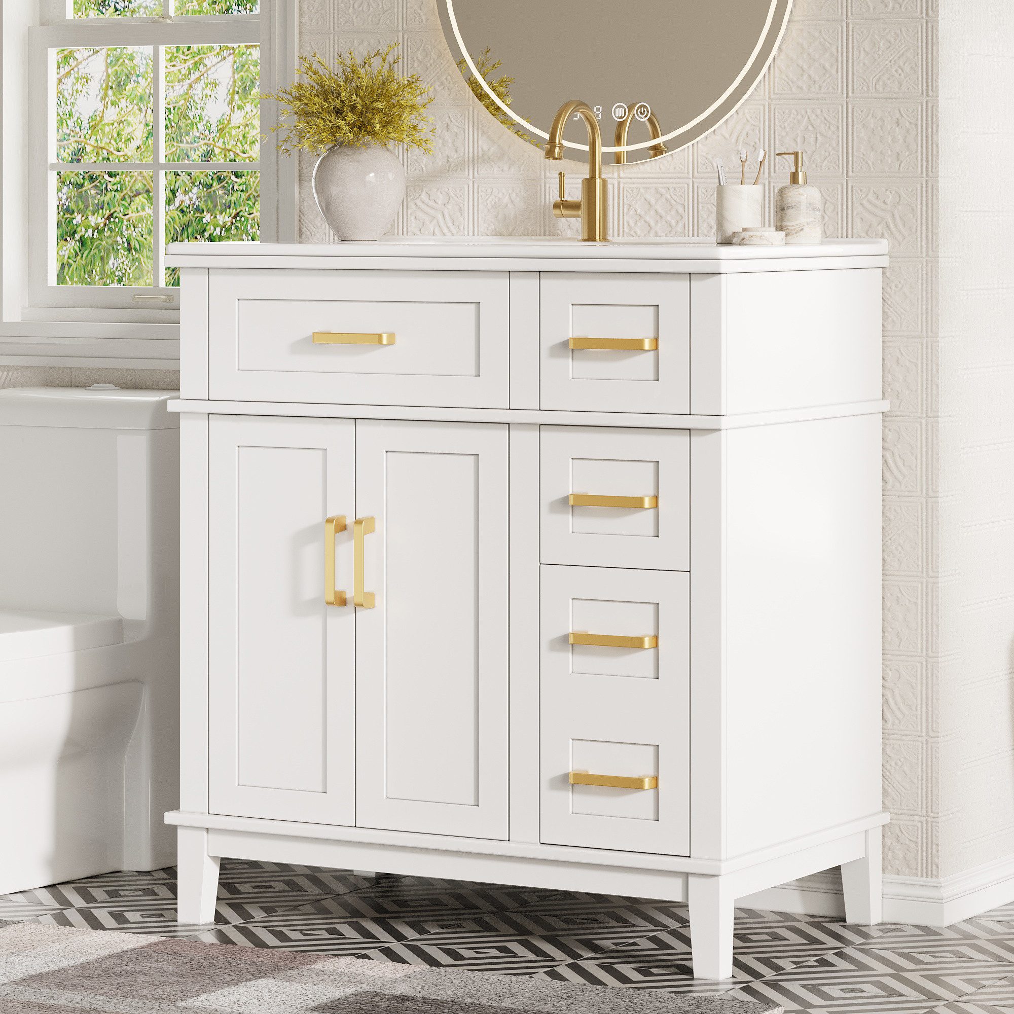 HAUSS SPOLE Waschtisch mit Waschbecken,Badezimmerschrank Badschrank mit Überlaufschutz (Waschbeckenunterschrank mit integriertem Keramikbecken und funktionaler Stauraumlösung für Badezimmer), Mehrstufiges Stauraumsystem mit Schubladen und Türen