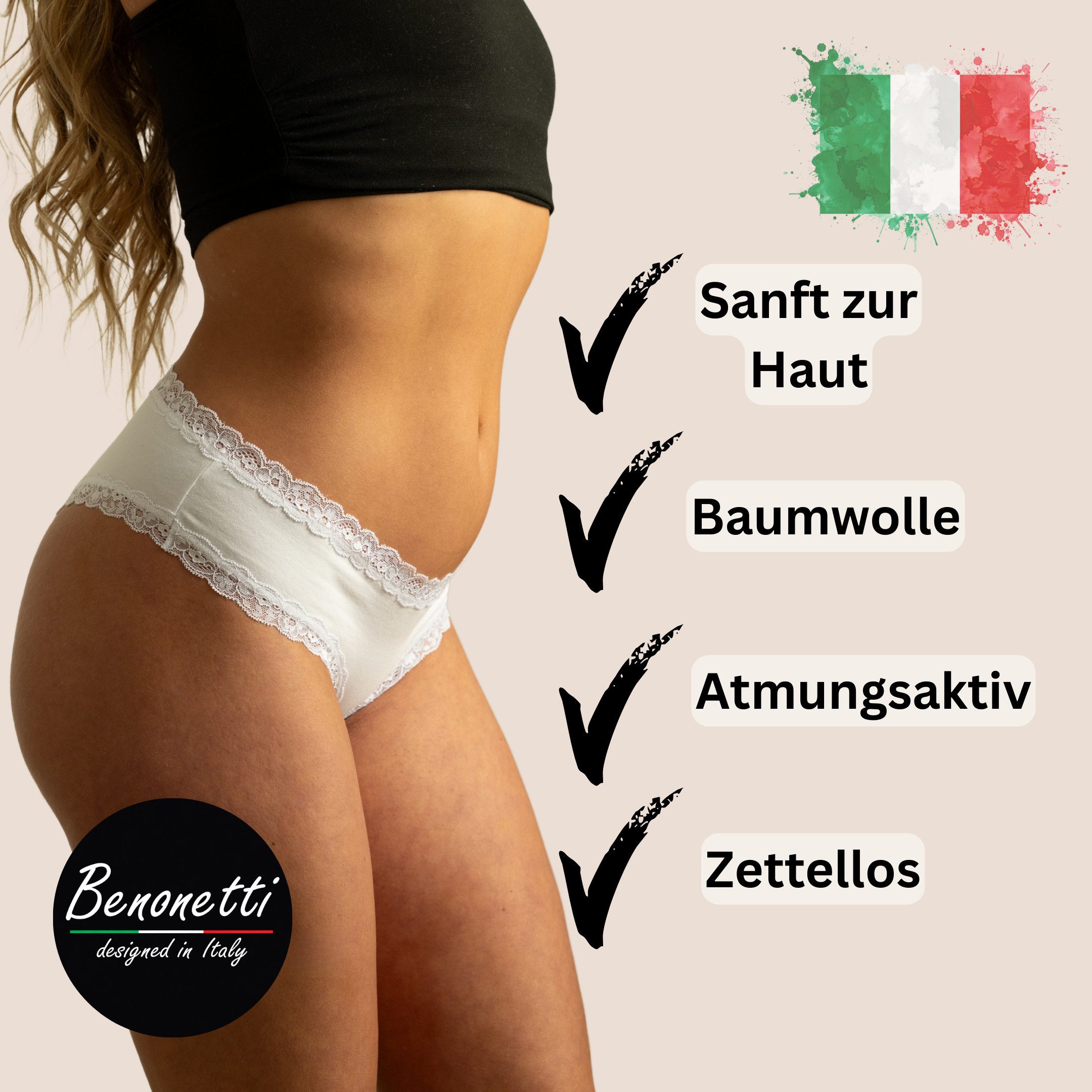 Benonetti Slip Brazilian Damen Slips mit zarter Spitze – sinnlich, weich & bequem (3er Pack, 3er Set) mit Spitze, Elastikbund, sehr bequemer Baumwollstoff
