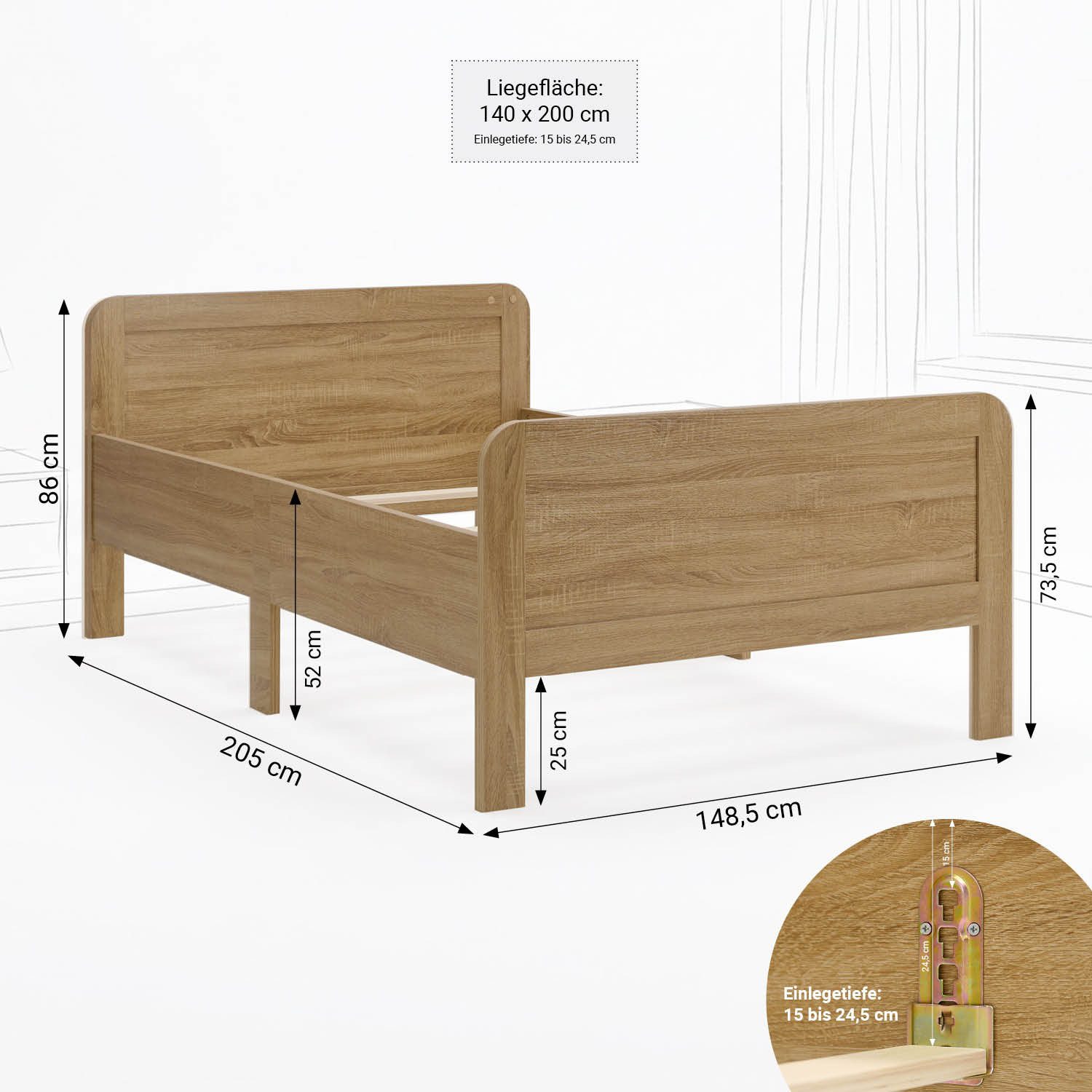 Homestyle4u Funktionsbett 90x200 100x200 120x200 Holzbett Seniorenbett Komfortbett Braun Weiß, 140x200, Aufbau per Stecksystem, höhenverstellbar, erhöhter Einstieg