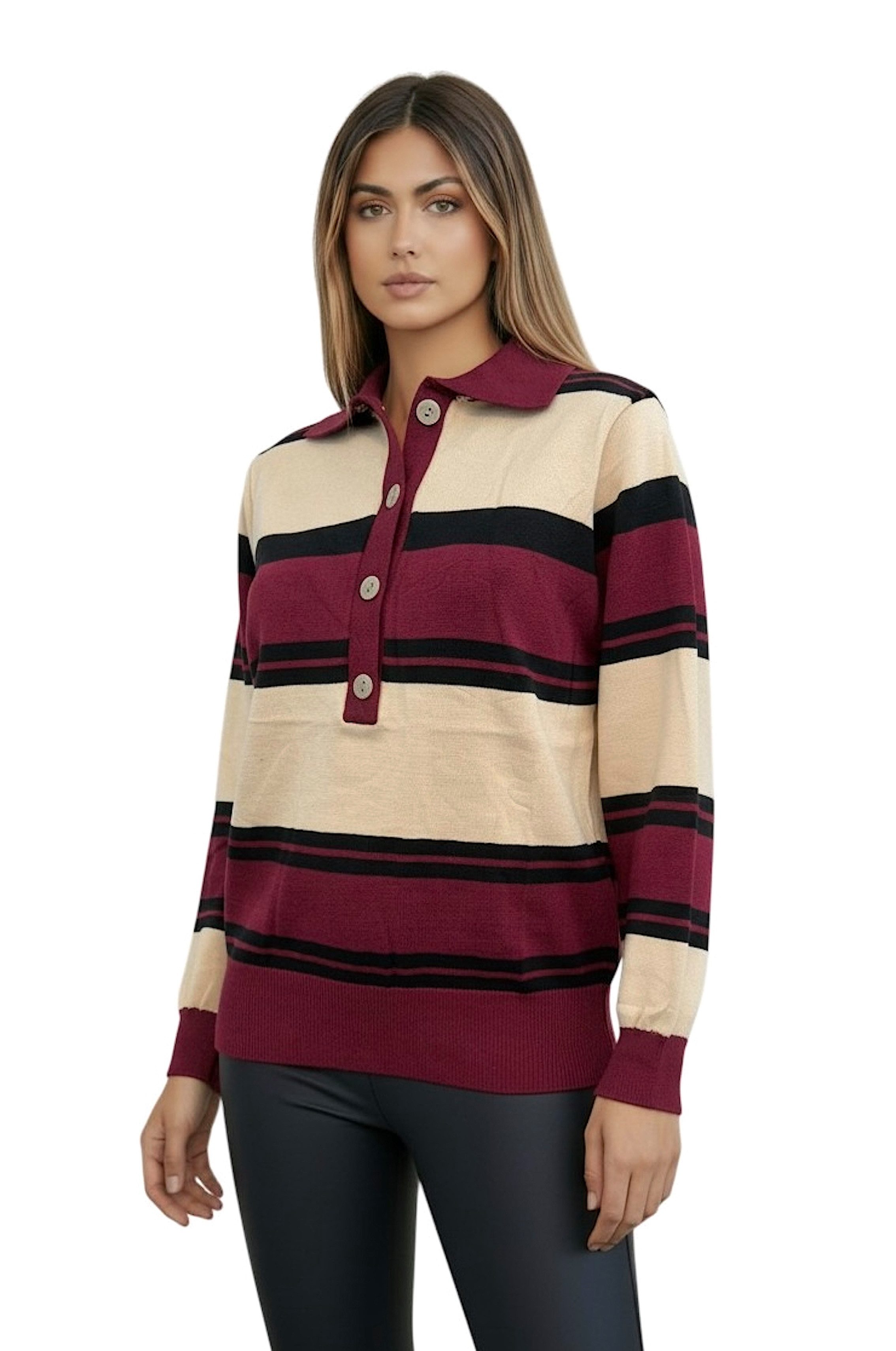 Worldclassca Strickpullover WORLDCLASSCA Damen Strickpulllover Gestreifter Henley Sweater Casual Neue Kollektion - Stilvolle und gemütliche Strickmode für Damen