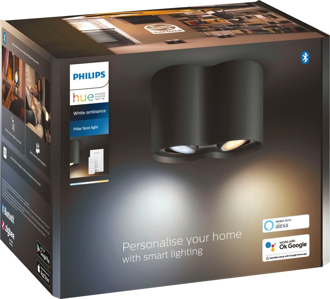 Philips Hue LED Flutlichtstrahler Pillar, Warmweiß Leuchtmittel wechselbar, Dimmfunktion