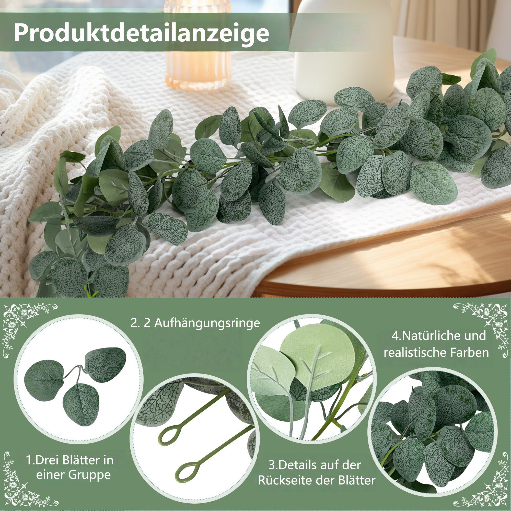 Kunstpflanze 4 Stück Künstliche Eucalyptus Blätter Girlande deko Hängepflanzen, FOUORTUNATE-BEE, Hochzeitsdeko für Hochzeit Tisch Frühlingsgirlande Blumenschmuck