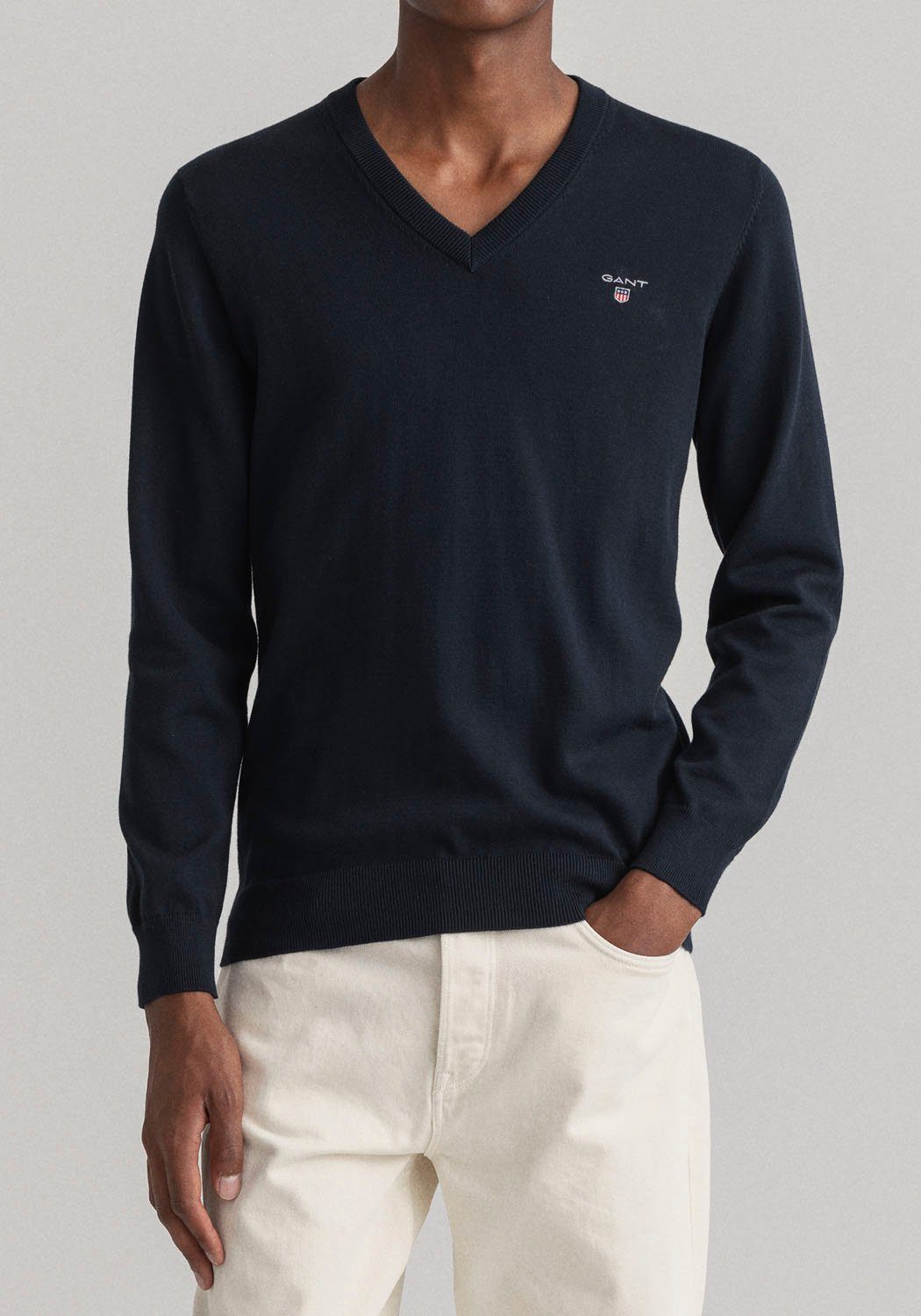 Gant V-Ausschnitt-Pullover Classic Cotton V-Neck Premium Strickpullver aus  weicher 100% Baumwolle, Übergangspullover, Regular-fit/ normale Form