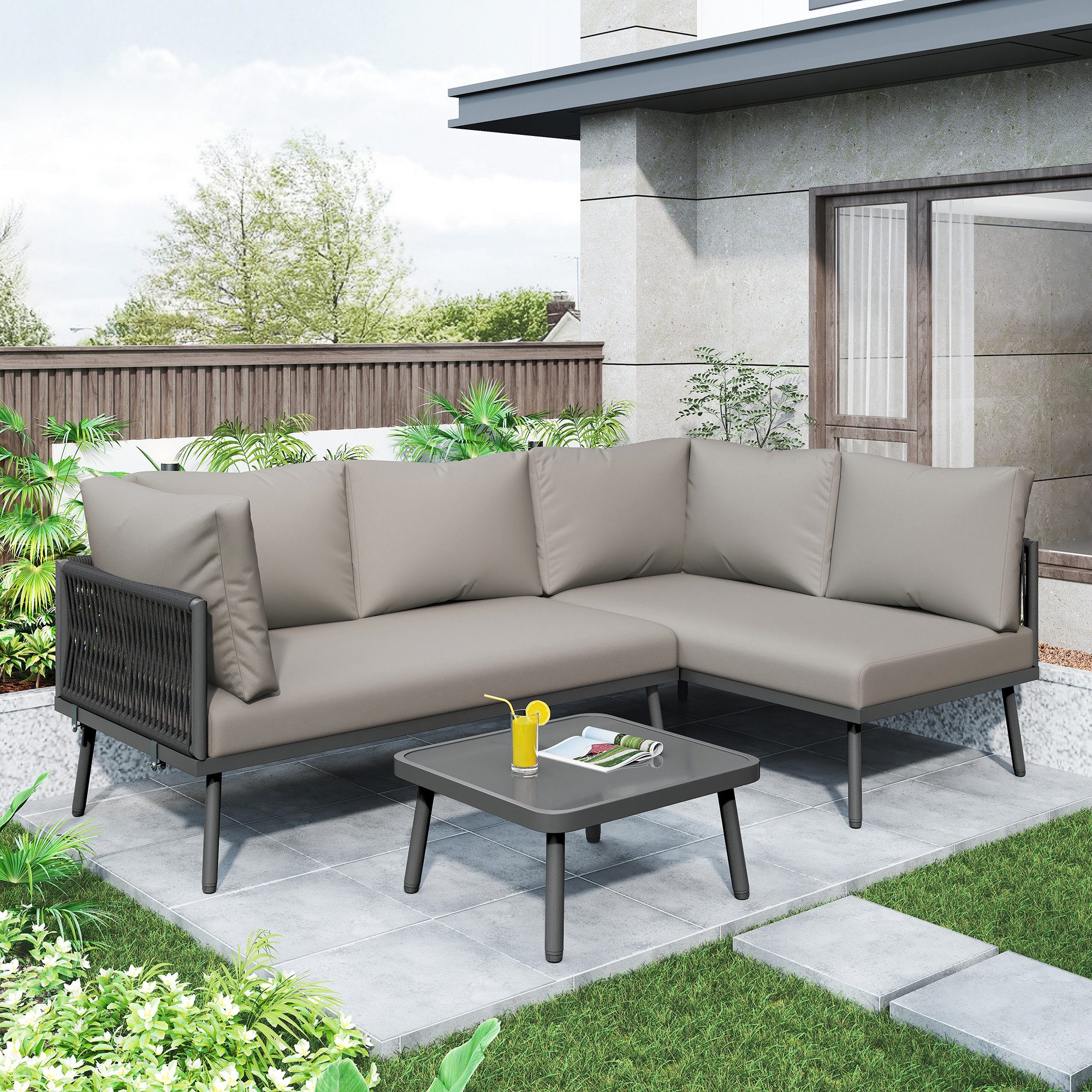 Merax Gartenlounge-Set für 5 Personen mit Kissen und Stahlrahmen, Polyrattan Gartenmöbel Set mit Eisenrahmen, Sitzgruppe mit Tisch