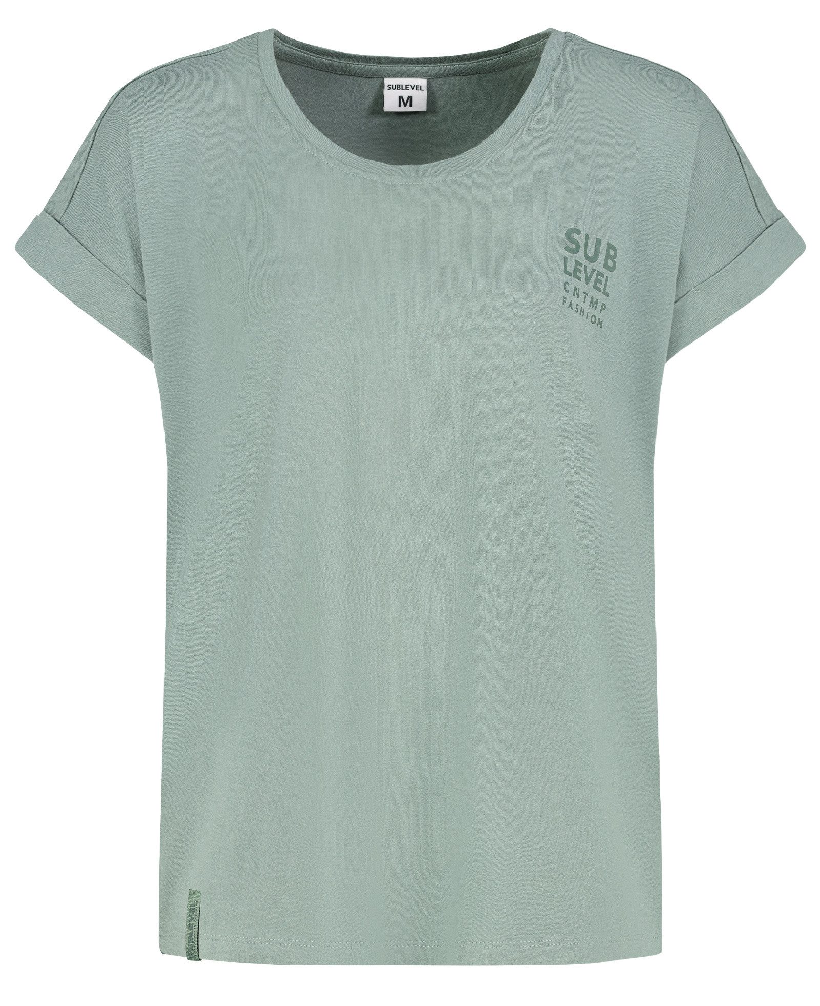 SUBLEVEL T-Shirt Damen Shirt Turn-Up Ärmel Weiches Basic Shirt Rundhals Kurzarm Baunwolle Modal Mix, super soft, unifarben, markenlogo