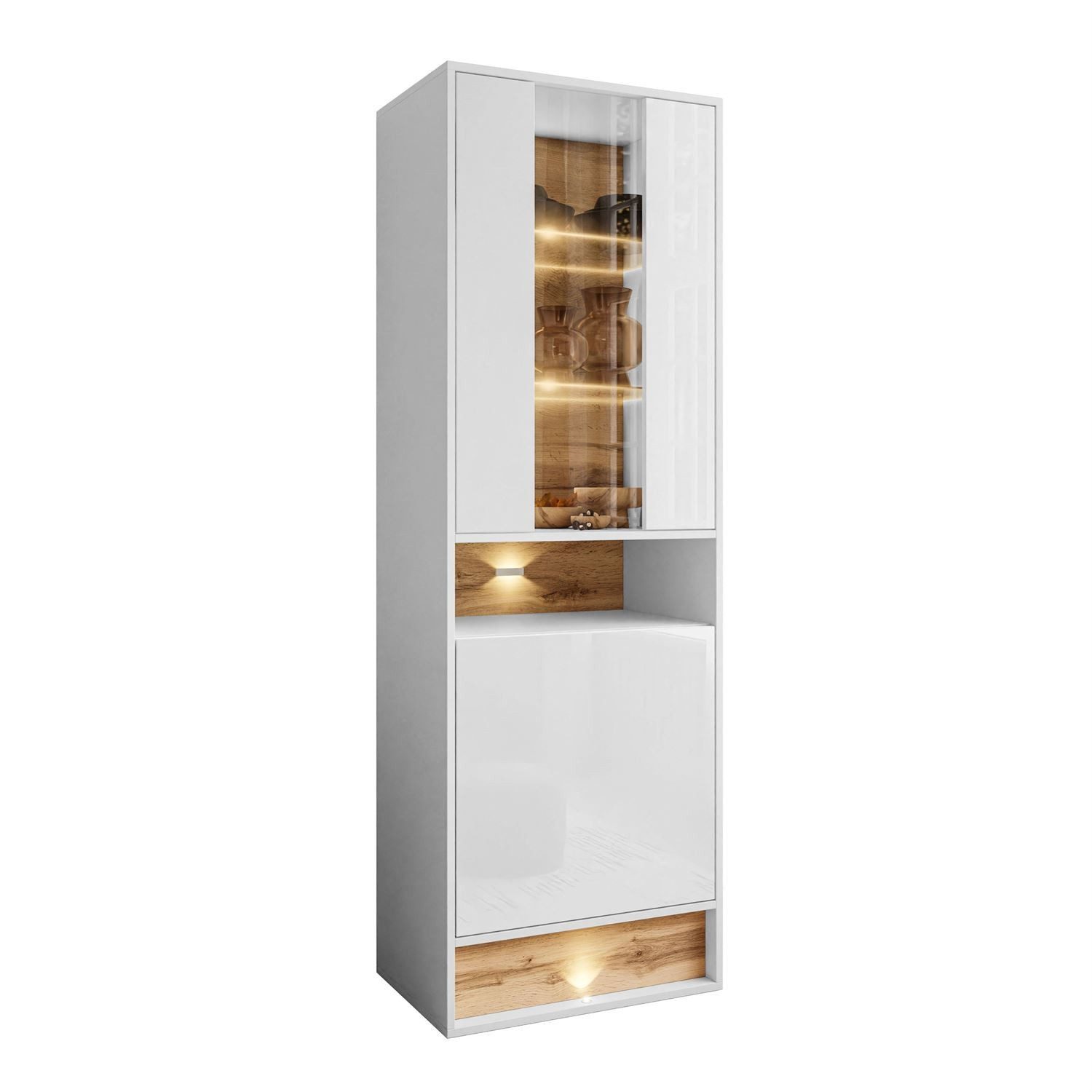 ALLHOUSE24 Standvitrine MILA 60 cm mit Einsatz aus Wotan Eiche mit LED Beleuchtung VITRINE Breite 60 cm
