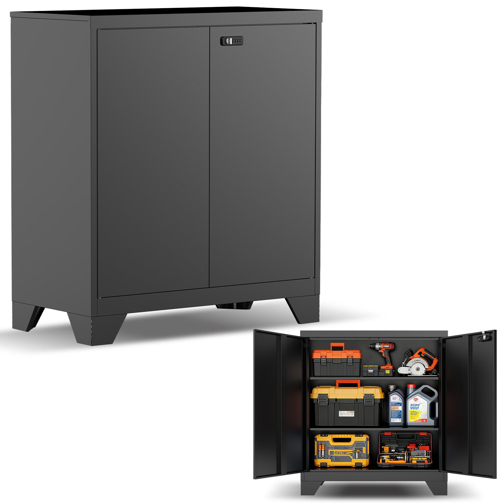 LHForgetech Mehrzweckschrank abschließbarer Metallschrank mit Kombinationsschloss, 90 x 80 x 40 cm (1-St) Kleiner Büro- und Werkzeugschrank mit 2 verstellbaren Regalen