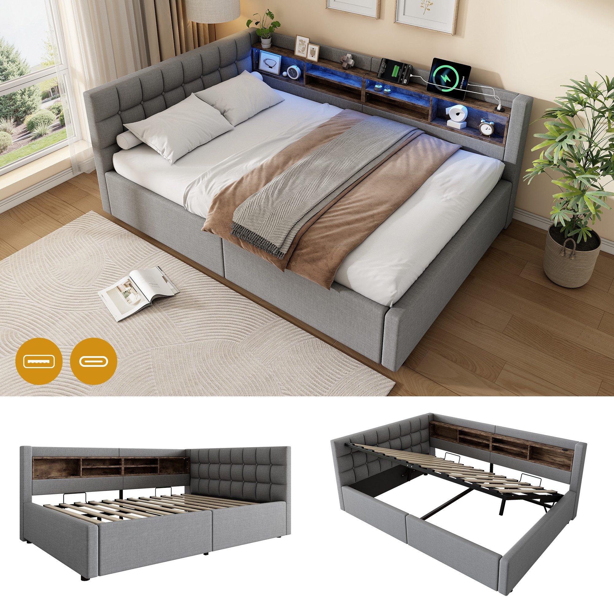 Flieks Daybett, Polsterbett Schlafsofa 140x200cm mit Hydraulik, LED-Leiste, Aufladen