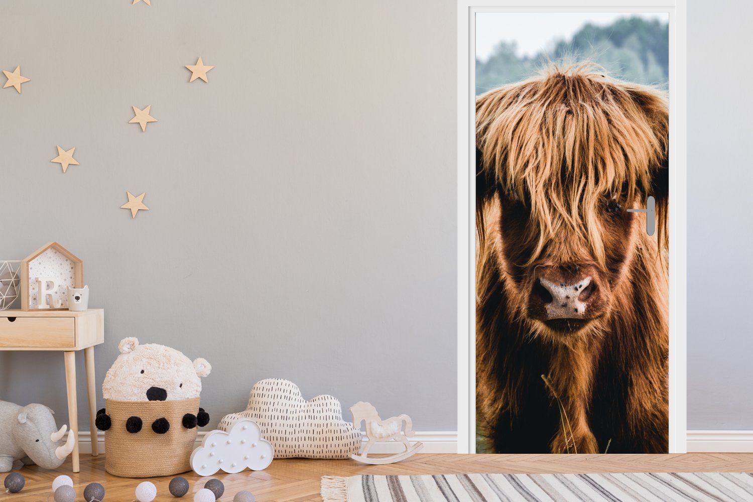 Natur, Braun Türaufkleber, Kühe für Schottische - cm - St), (1 Fototapete Matt, 75x205 Hochlandbewohner - Tür, bedruckt, Türtapete MuchoWow