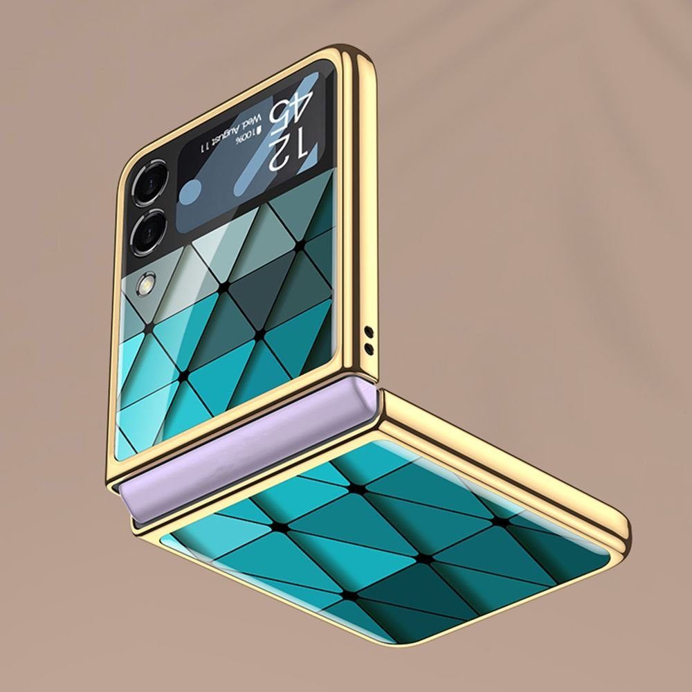 Wigento Handyhülle Für Samsung Galaxy Z Flip3 5G Electroplating Painted Glas Case Hart Cover Handy Tasche Hülle Etuis Diamant Blau