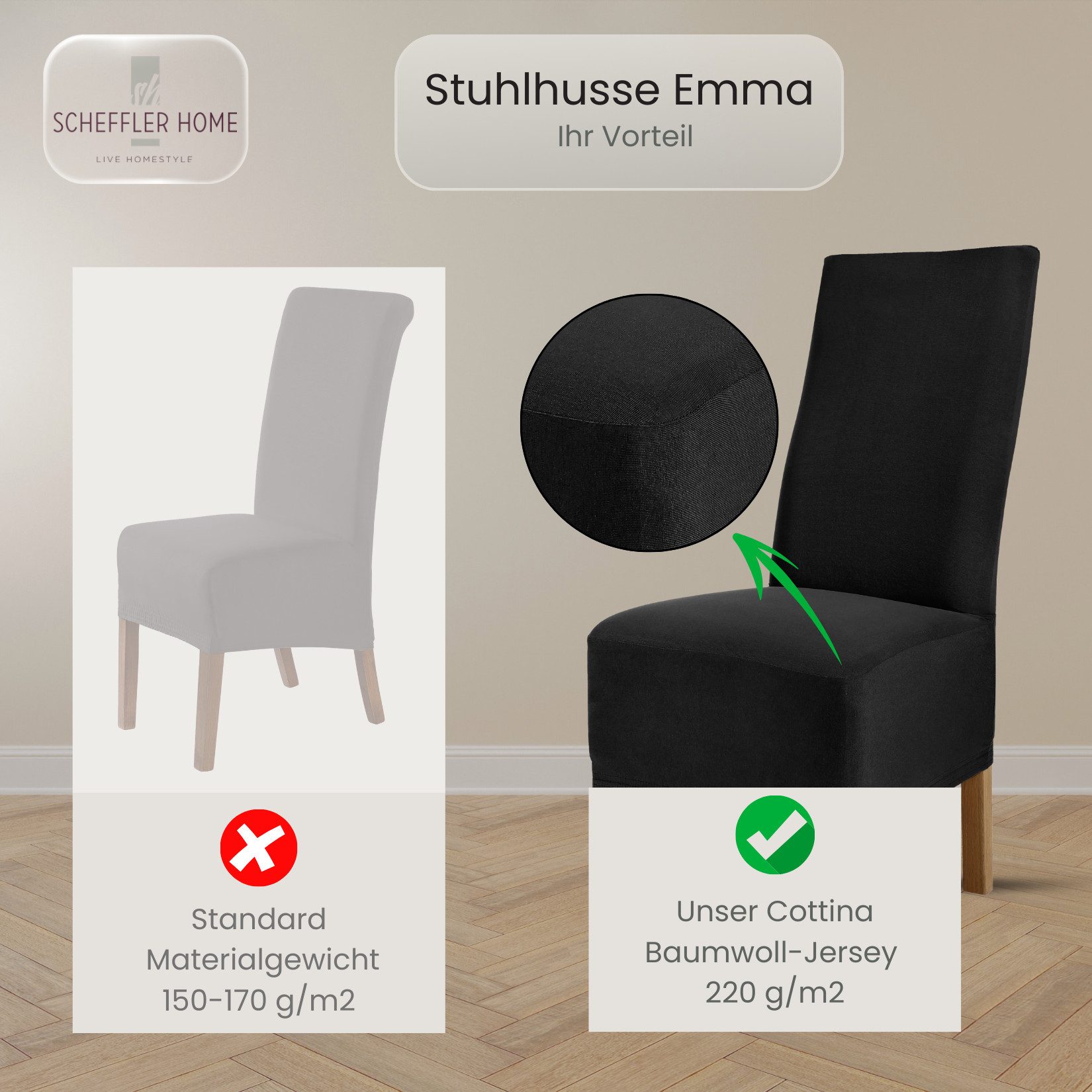 sh SCHEFFLER-HOME LIVE HOMESTYLE Stuhlhusse Moderner Stuhlbezug "Emma" aus elastischer Baumwolle Cottina, abnehmbarer & waschbarer Spannbezug für Stühle – Bild 4 von 5