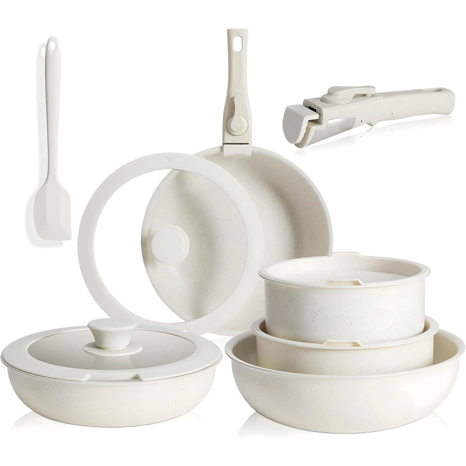 HEYHIPPO Topf-Set 12-tlg. Kochset in Creme, antihaft & stapelbar, Griffe abnehmbar, Aluminium (12-teiliges Kochgeschirr-Set, Fünf Töpfe, vier Deckel, zwei Griffe und ein Silikonspatel), Schnelle Wärmeleitung,Sichtdeckel und Silikonspatel,leicht zu reinigen