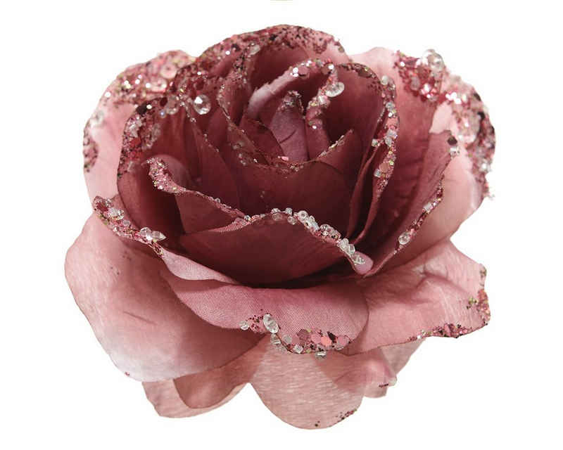 Decoris season decorations Weihnachtsbaumklammer, Kunstblumen Rose auf Clip 14cm samtpink