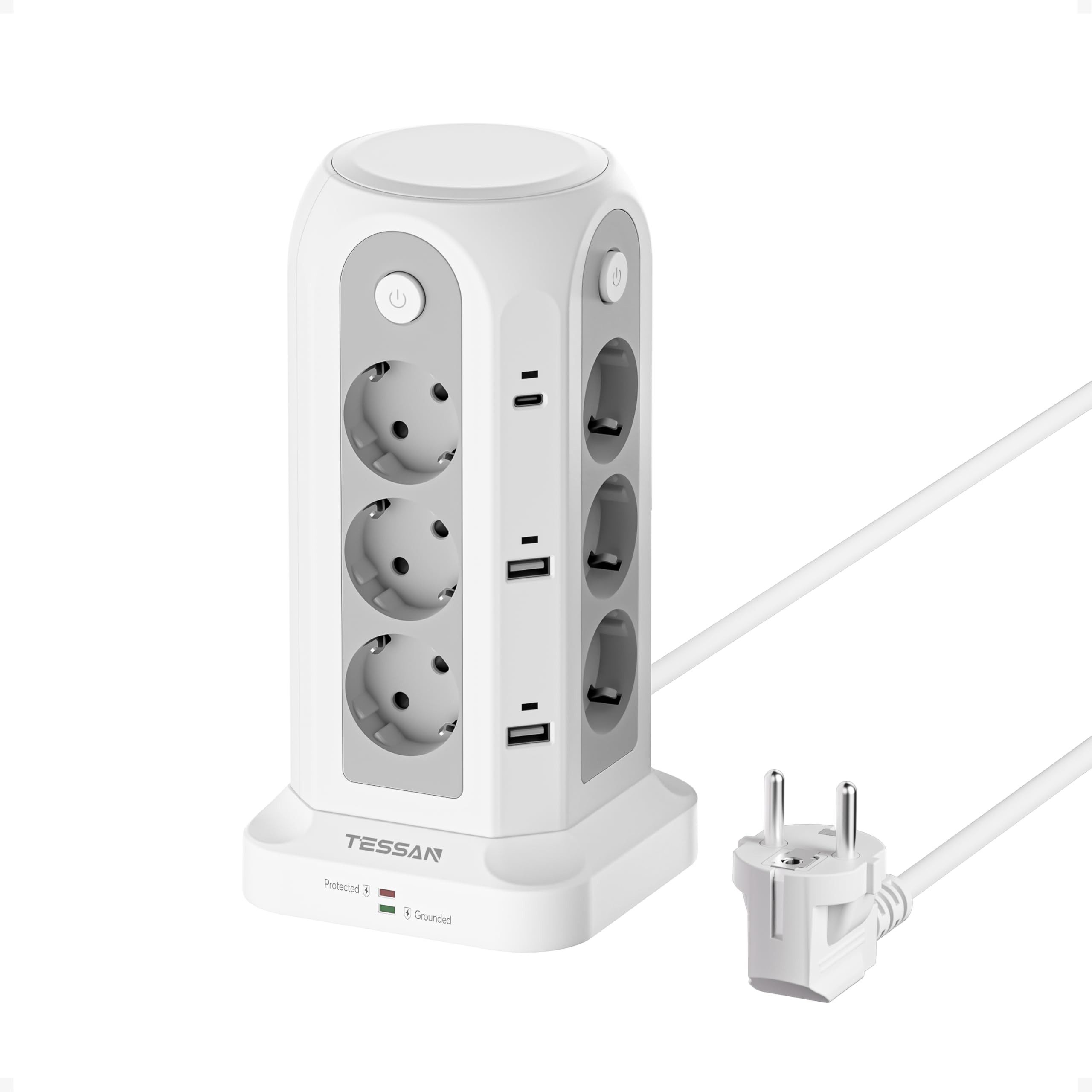 TESSAN 12 Fach Mehrfachsteckdose mit 3 USB(2 USB-A/1 USB-C) Kabel 2/5m Mehrfachsteckdose (USB-Anschlusse, Ein-/Ausschalter, Kabellänge 2 m)