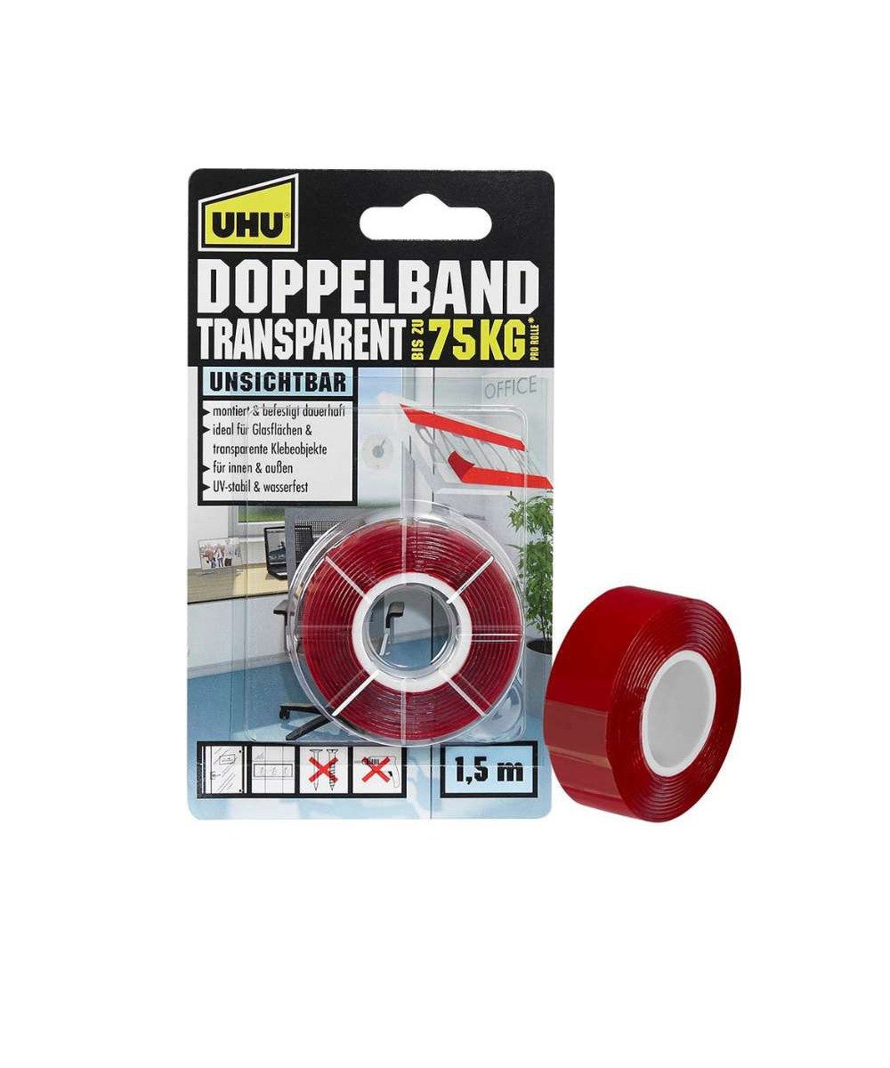 UHU Doppelklebeband UHU TRANSPARENT doppelseitiges Klebeband 19,0 mmx1,5 m (packung, 1-St., Doppelseitiges Klebeband) Glasflächen und transparente Klebeobjekte