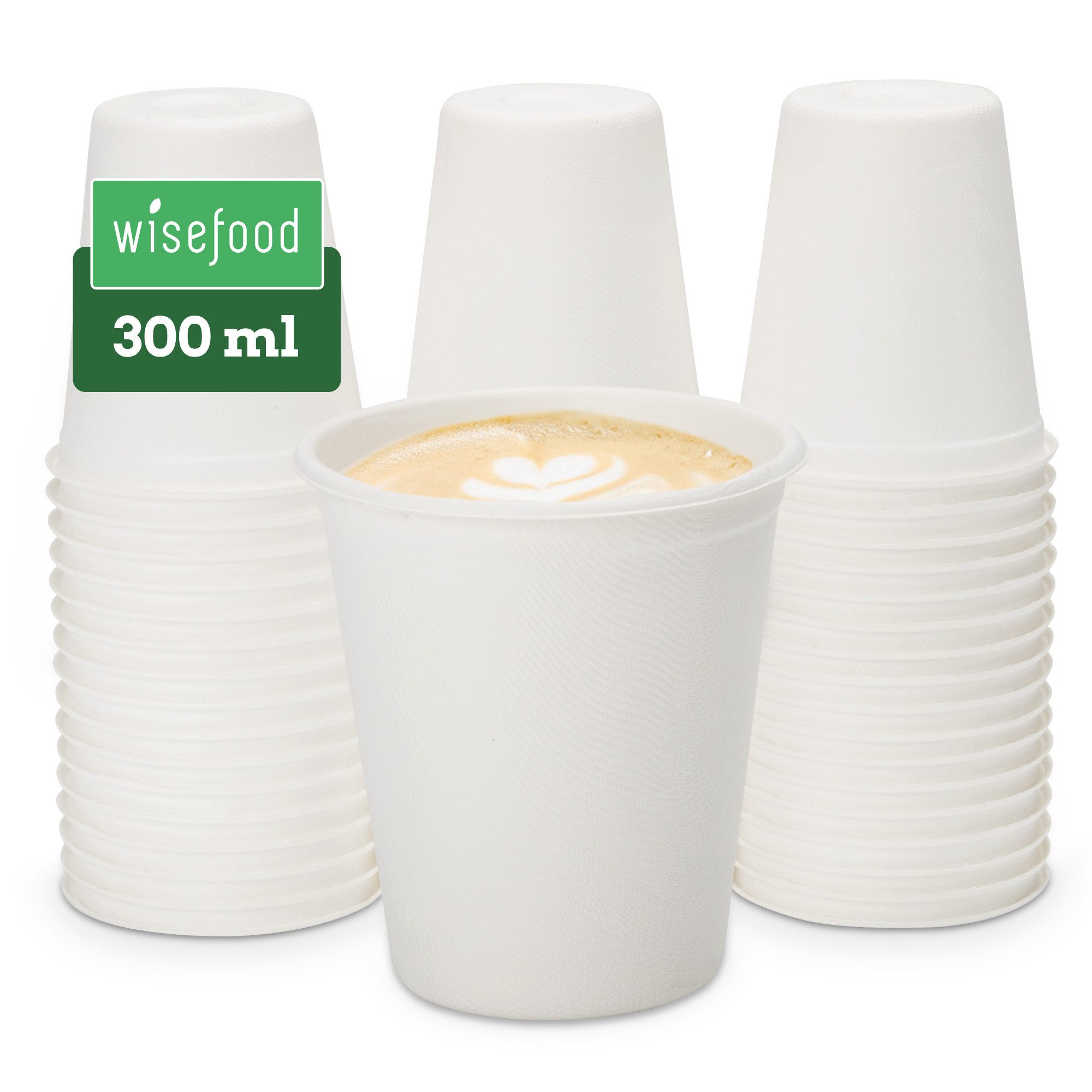 wisefood Einwegbecher To Go Kaffeebecher, 300ml, Bagasse, Ø 9 x 9,7 cm, 50-tlg., Bagasse
