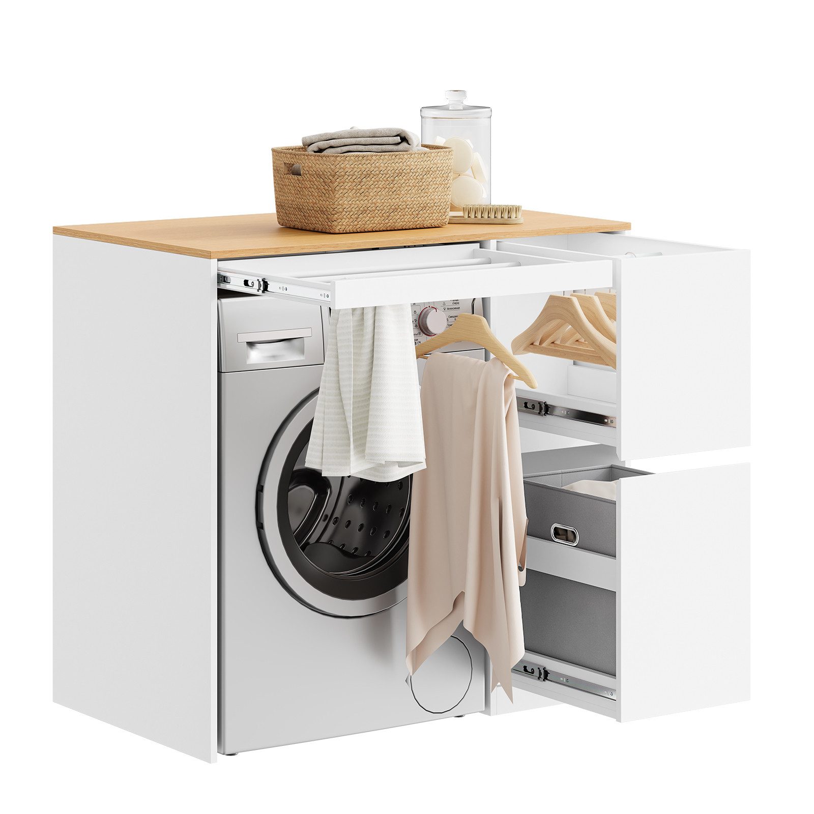 SoBuy Waschmaschinenumbauschrank BZR223, Waschmaschinenschrank Waschmaschinenregal Überbau Waschmaschinenschrank mit Wäschekorb und Ausziehbarer Wäscheständer
