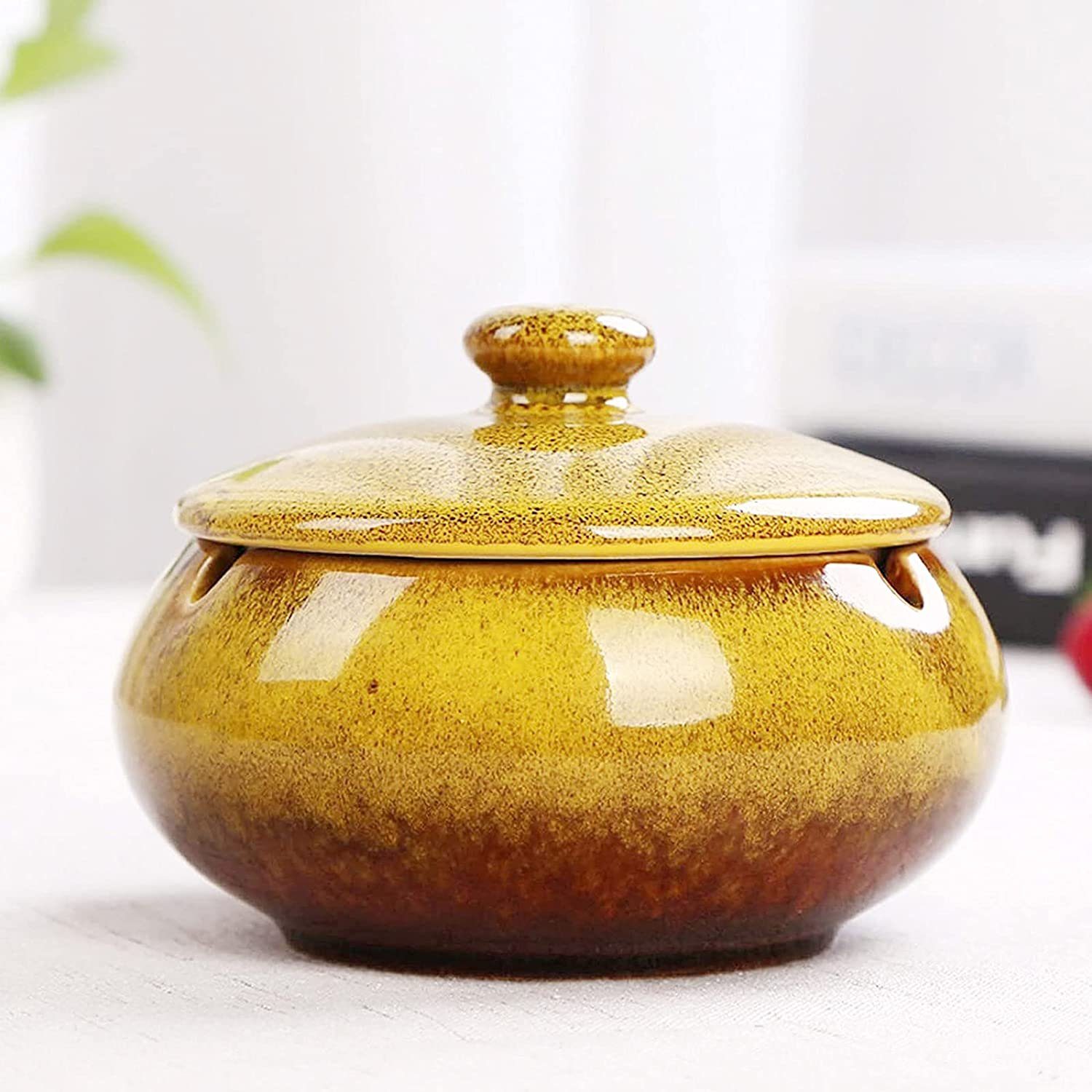 COOL-i ® Aschenbecher, mit aus Deckel Gelb Keramik Aschenbecher