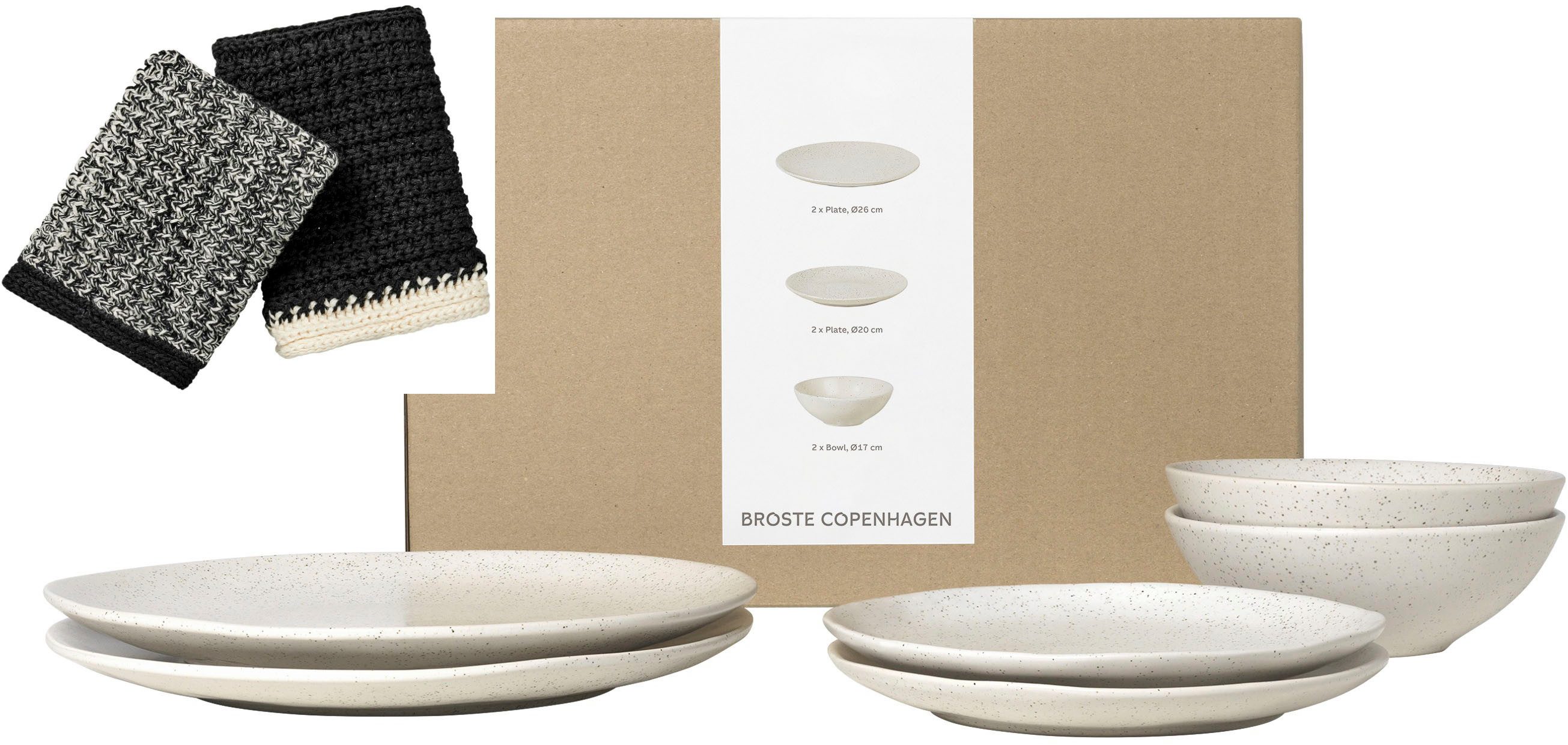 Broste Copenhagen Geschirr-Set Nordic Vanilla, inklusive Spültuch Set aus 100% Baumwolle (7-tlg), 2 Personen, Keramik, Beliebte Geschirr Sets Exclusiv mit Geschenk