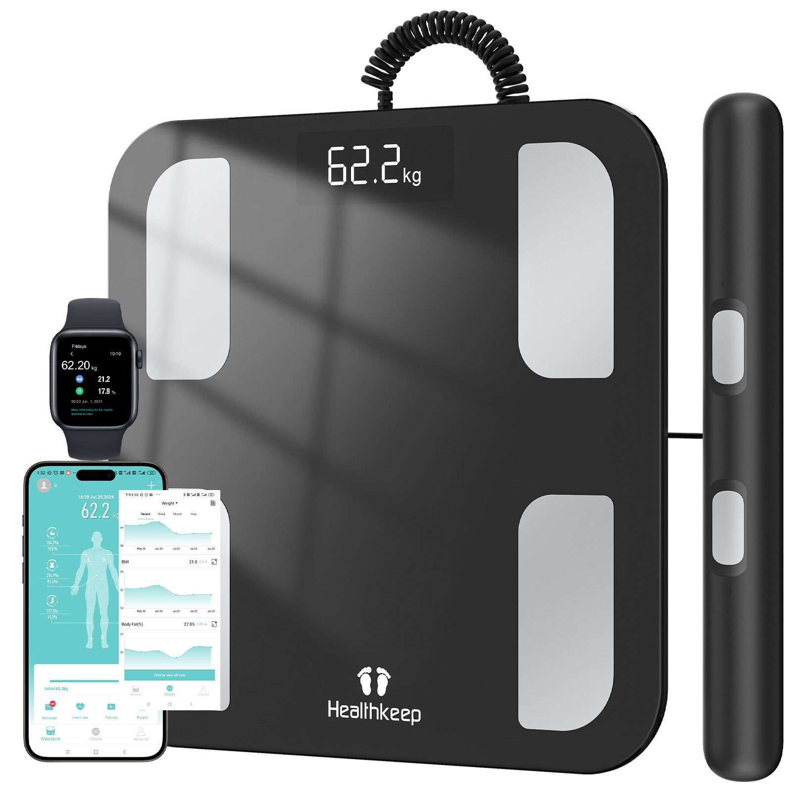 Healthkeep Personenwaage mit 8 Elektrodenmit App Intelligent für 18 analysierte Körperdaten, großem LED-Display, Für Android und iOS Apps. Max. 180kg/400lb/28st) 30 x 30 cm