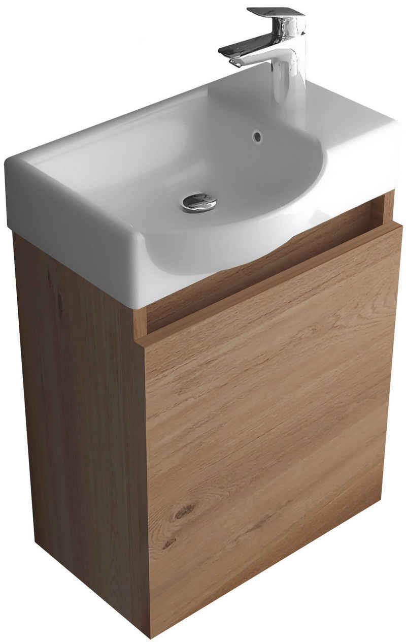 Alpenberger Waschbecken Gäste WC Waschbecken mit Unterschrank - Hängeschrank Vormontiert (Waschbecken Komplett Set, Badmöbel+Set - Bad Unterschrank), Waschtisch mit Unterschrank Braun - Gäste Waschbecken