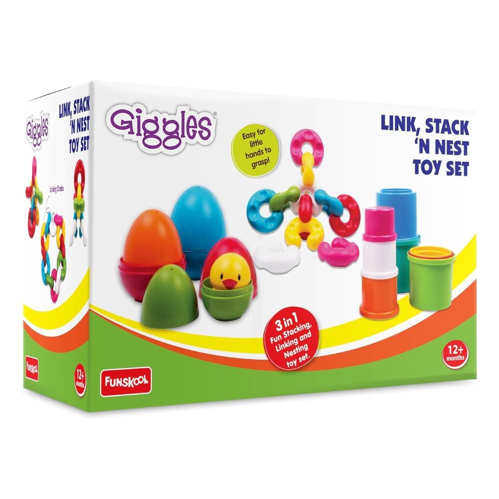 Funskool Stapelspielzeug Link Stack & Nest Spielset – 3-in-1 Stapel- & Steckbausteine, (Stapeln-, Verbinden- & Nistspielzeug-Set), Fördert Motorik, Kreativität & Koordination