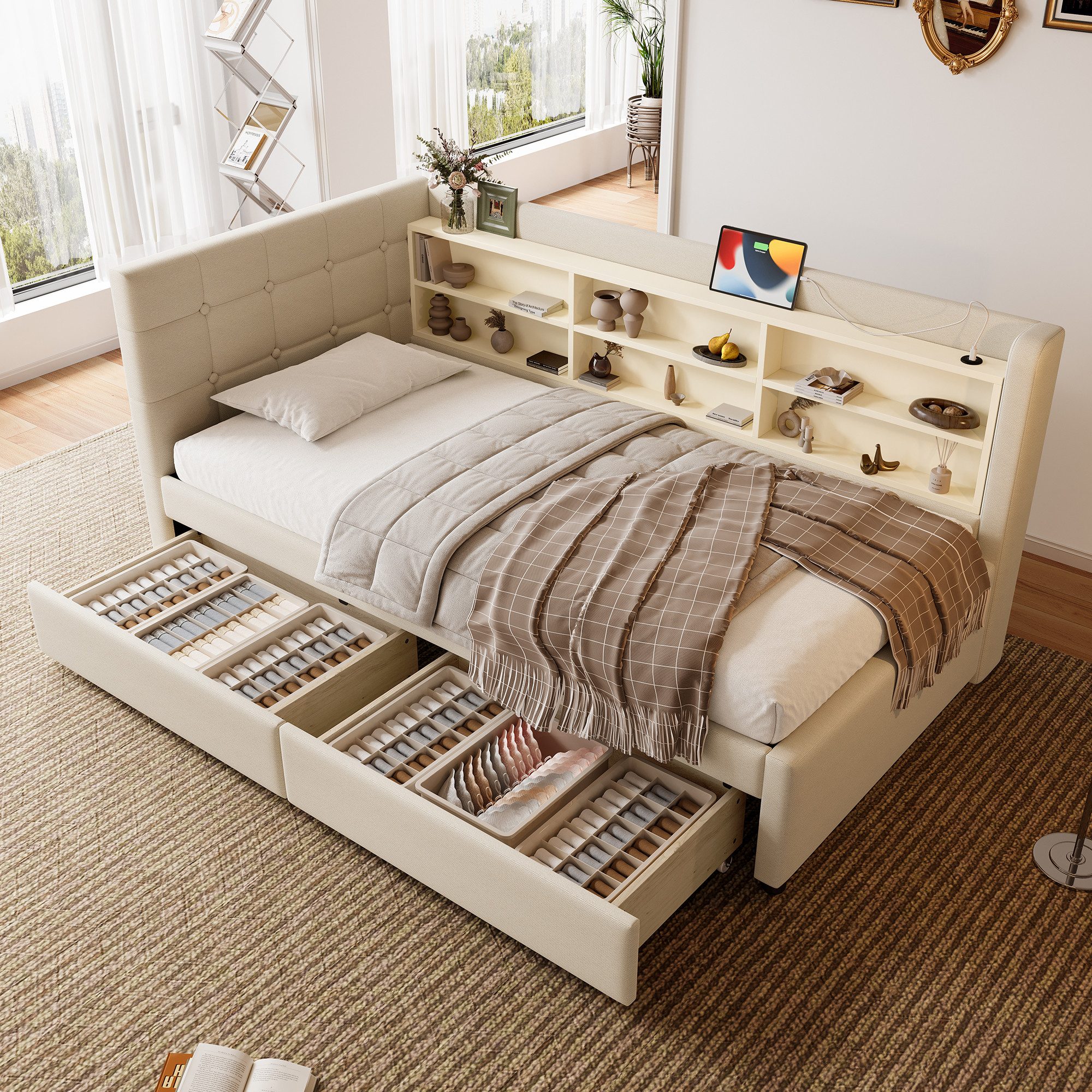 OKWISH Schlafsofa Polsterbett, mit USB & Typ-C, 2 Schubladen und Ablagefächern 90×200 cm, ohne Matratze