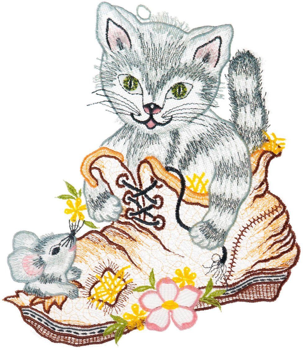 W. Reuter & Sohn - Plauener Spitze® Fensterbild Fensterbild "Katze im Schuh" farbig