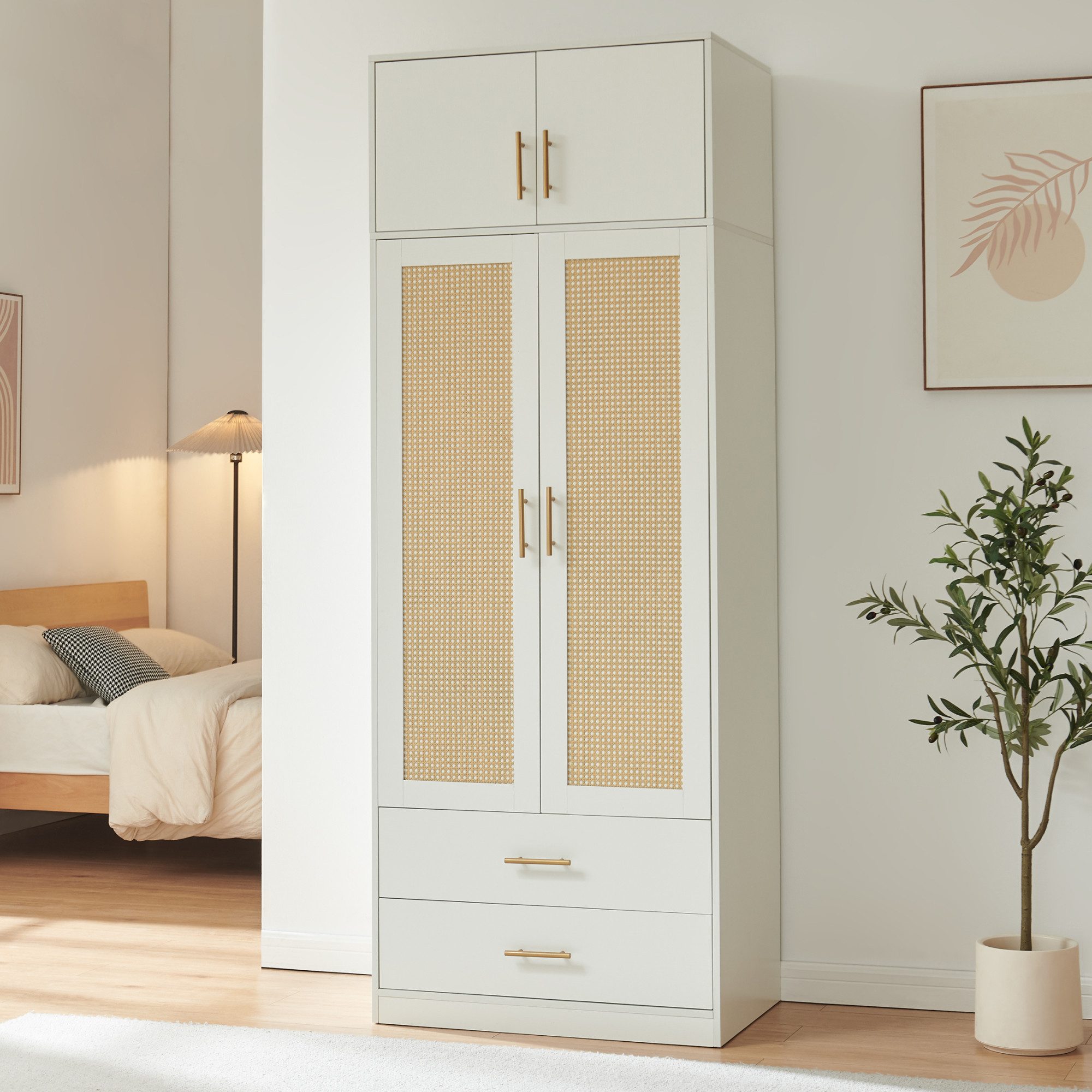 en.casa Kleiderschrank »Larundi« 216 x 80 x 52 cm 4 Türen 2 Schubladen Weiß/Rattanoptik