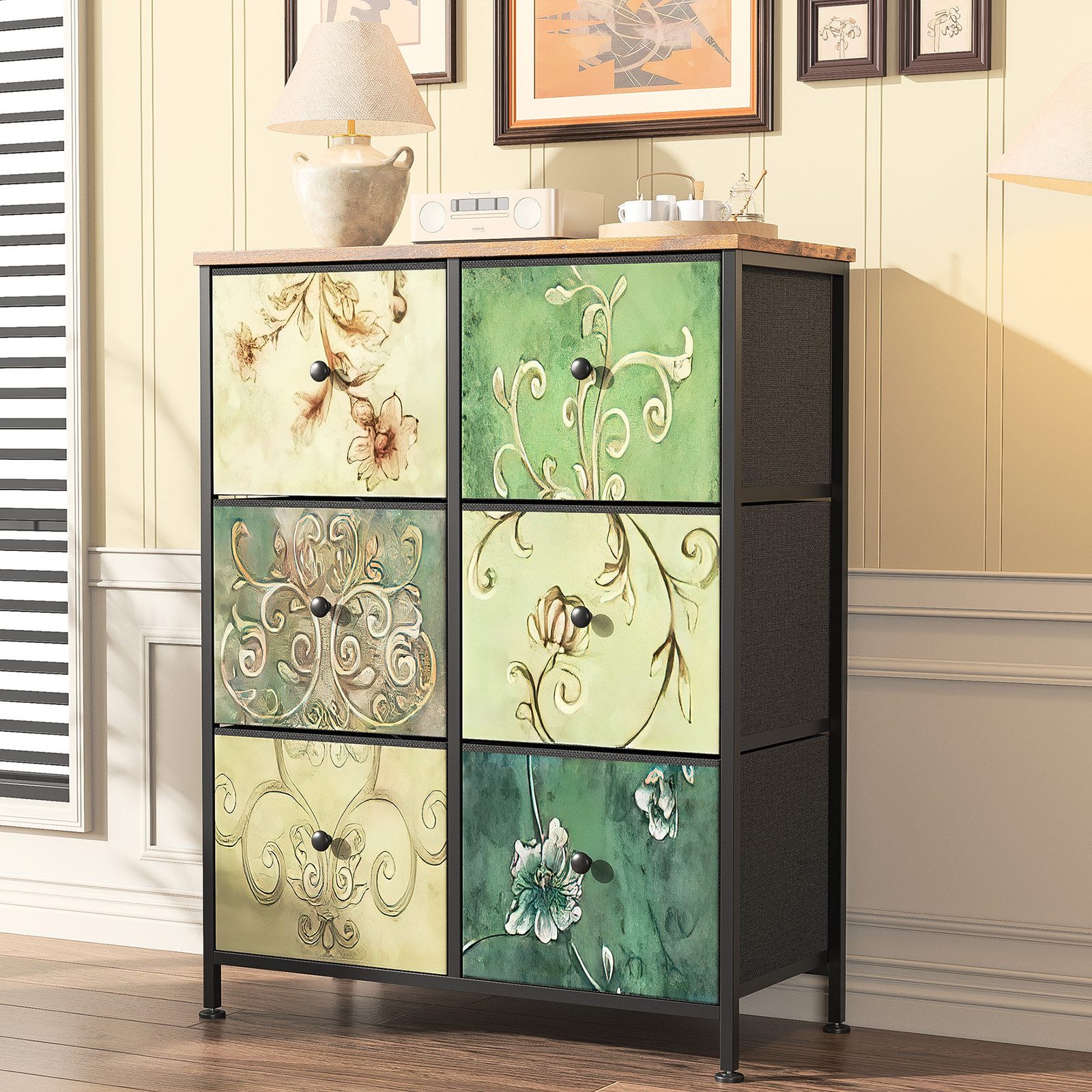 zebery Kommode Schrank Schubladenkommode (Set, 1 St., Stahl, MDF, Vliesstoff,Blumenmuster,Sideboard), 86.5 x 67.5 x 30 cm