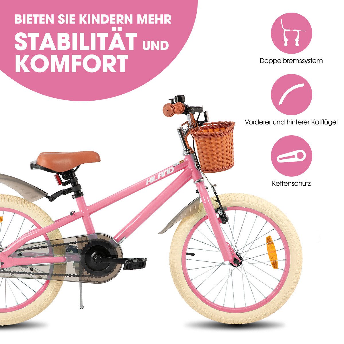 HILAND Kinderfahrrad HILAND Retro Kinderfahrrad Korb, Stützräder & Bremse 14/16/18 Zoll, mit Stützrädern, Handbremse und Rücktrittbremse, Korb – Bild 2 von 5
