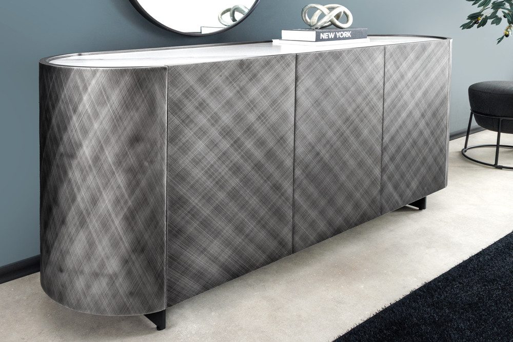 riess-ambiente Sideboard REFLECTION 150cm weiß/anthrazit · Kommode mit 3D Effekt & Marmordesign (Einzelartikel, 1 St), Keramik Platte · brushed Finish · Rautenmuster · abgerundete Ecken