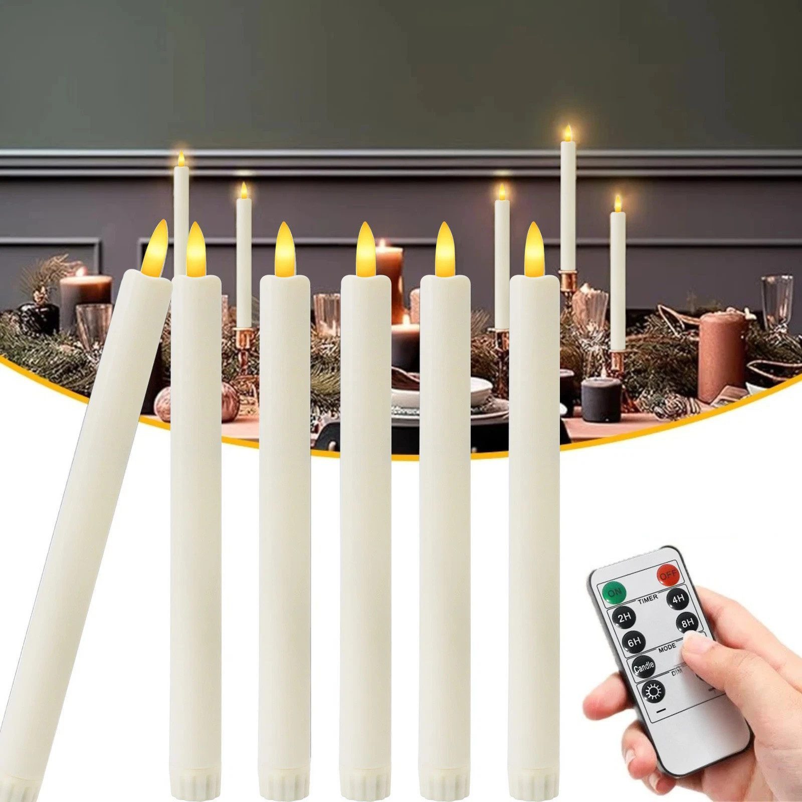 OZAVO LED-Kerze K-TZ06 6/12pcs LED Stabkerzen mit Fernbedienungs und Timer, Zwei Modi und Dimmbar, Warmweiße Flammenlose Tischkerzen Dekorative Kerzen, Timerfunktion für 2, 4, 6 und 8 Stunden