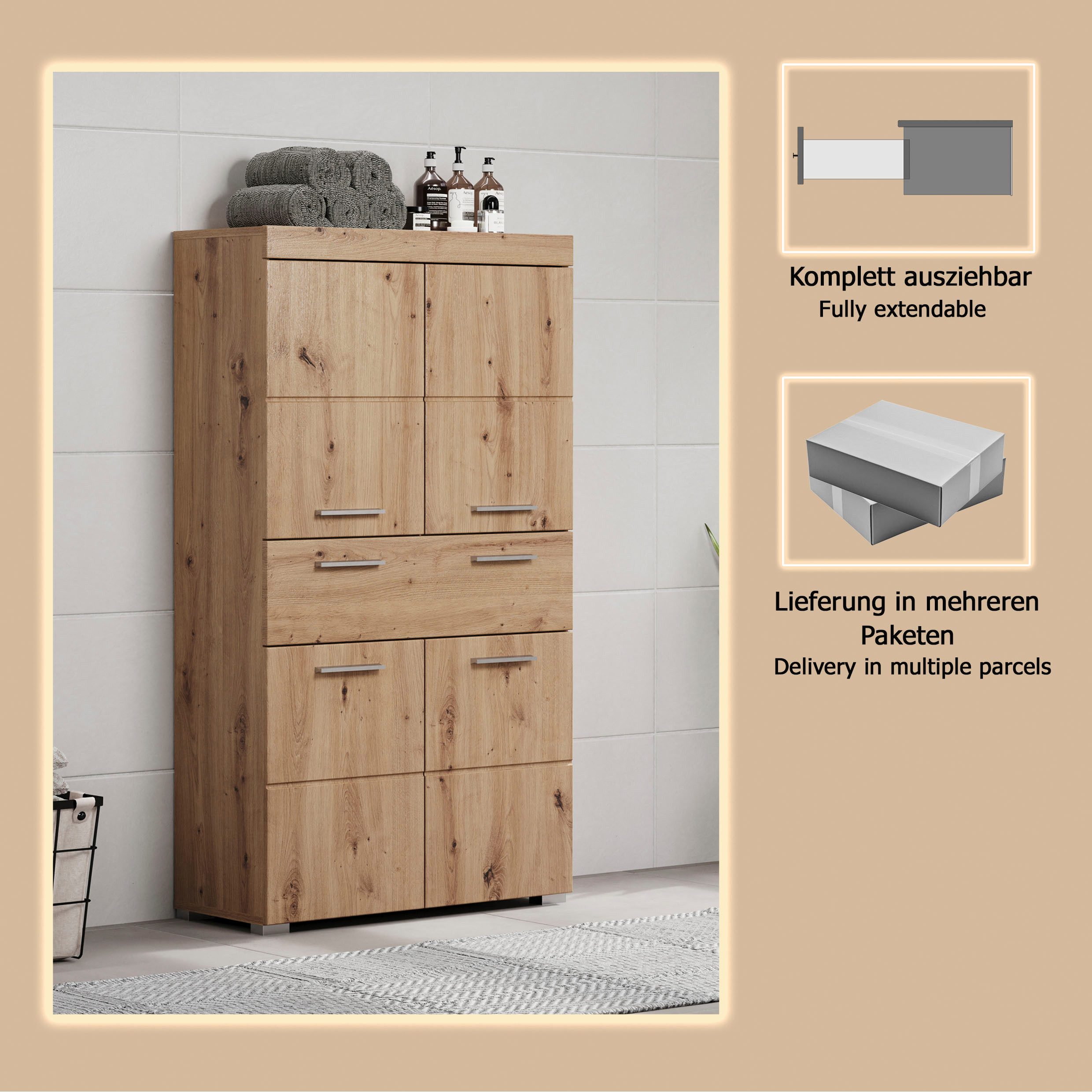 welltime Midischrank Avena Standschrank mit 4 Türen, 1 Schublade - (B/T/H) 73/31/130 cm – Bild 5 von 5