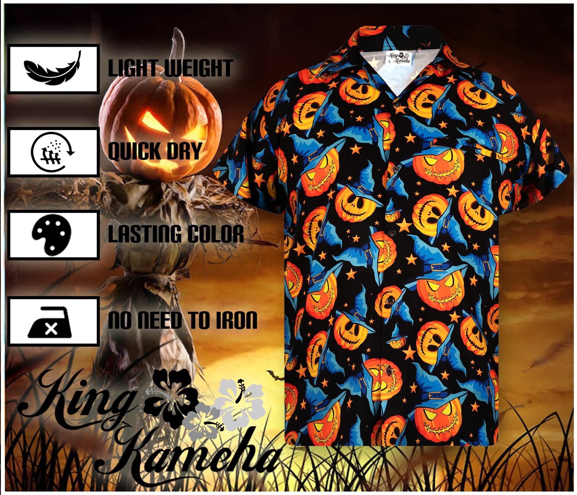 King Kameha Hawaiihemd Halloween Pumpkin Hat Hawaii-Hemd Kurzarm Front-Tasche Unisex