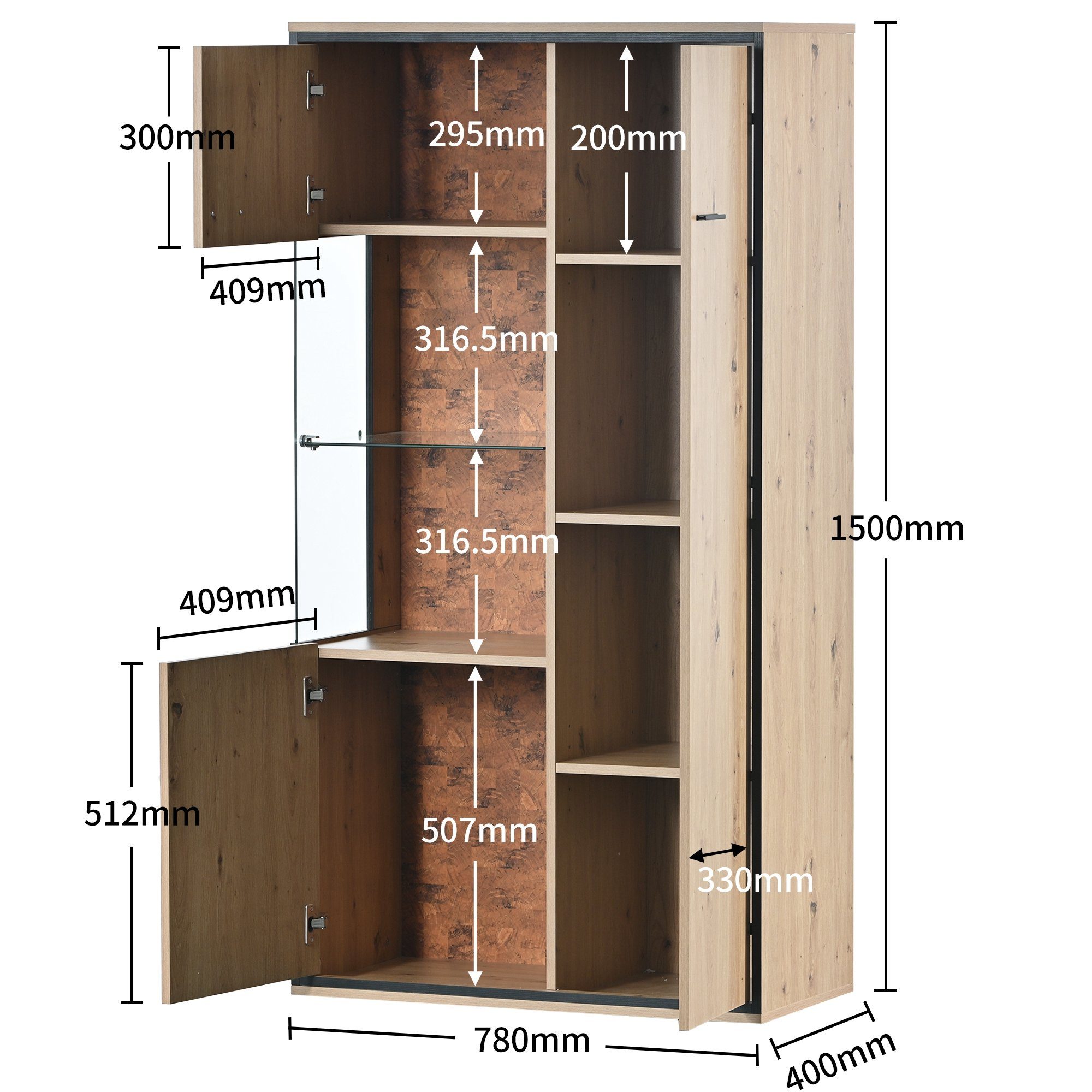 (mit Türen CAT mit Einlegeböden, 78x40x150cm vertstellbaren Vitrinenschrank Standvitrine PHOEBE 3 und Glasablage) LED-Beleuchtung,