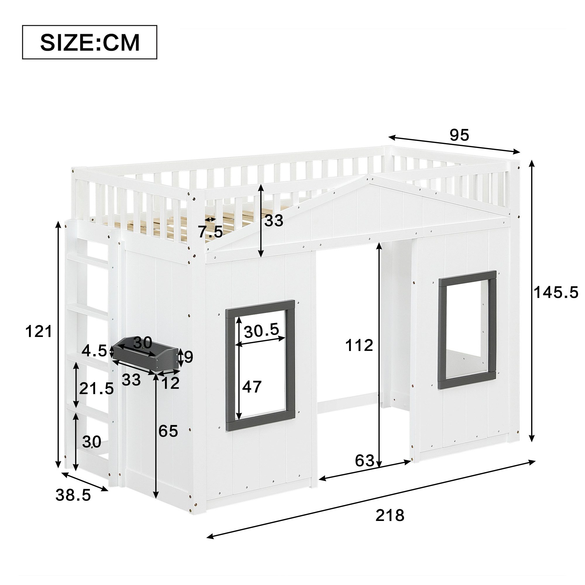 Flieks Loft Bed House Bed Children's Bed 90x200cm with Window, Ladder and Fall Protection