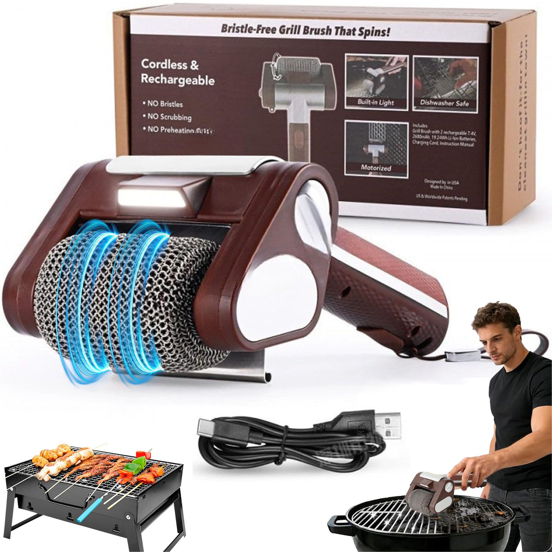 Senmudi Grillbürste Elektrische Grillbürste-304 Edelstahl-Bürstenkopf, Wiederaufladbar, Passend für alle Grillroste, (Borstenfrei Grillbürste,austauschbare Bürstenköpfe,Tiefenreinigung, Rotiert mit 350 U/min, LED-Licht für Grillreinigung im Freien), Für alle Grillroste – unverzichtbares Zubehör für den Garten