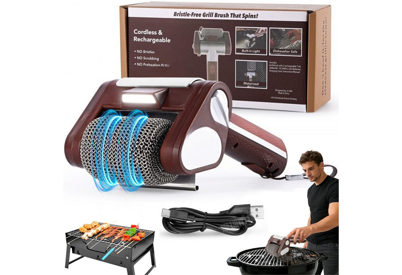 Senmudi Grillbürste Elektrische Grillbürste-304 Edelstahl-Bürstenkopf, Wiederaufladbar, Passend für alle Grillroste, (Borstenfrei Grillbürste,austauschbare Bürstenköpfe,Tiefenreinigung, Rotiert mit 350 U/min, LED-Licht für Grillreinigung im Freien), Für a